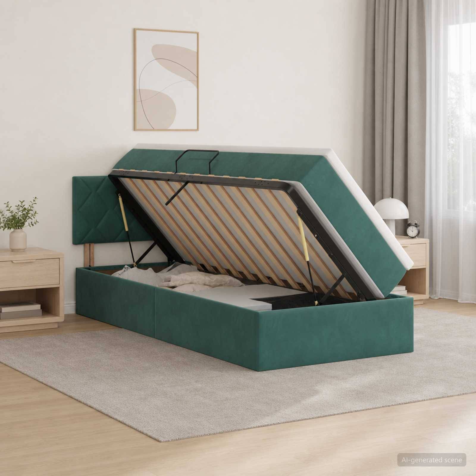 Grünes, gepolstertes Boxspringbett mit offnenem Stauraum in einem modernen Schlafzimmer, das die angehobene Matratzenunterlage und die inneren Latten zeigt.