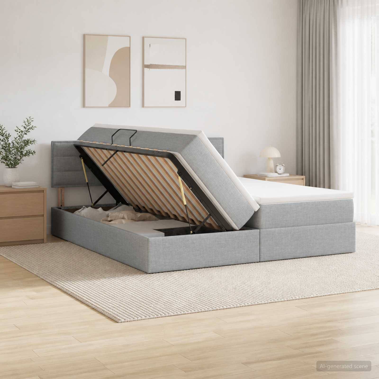 Modernes grau gepolstertes Speicherbett mit hochklappbarer Matratze, die Stauraum unter dem Bett in einem hellen minimalistischen Schlafzimmer offenbart.