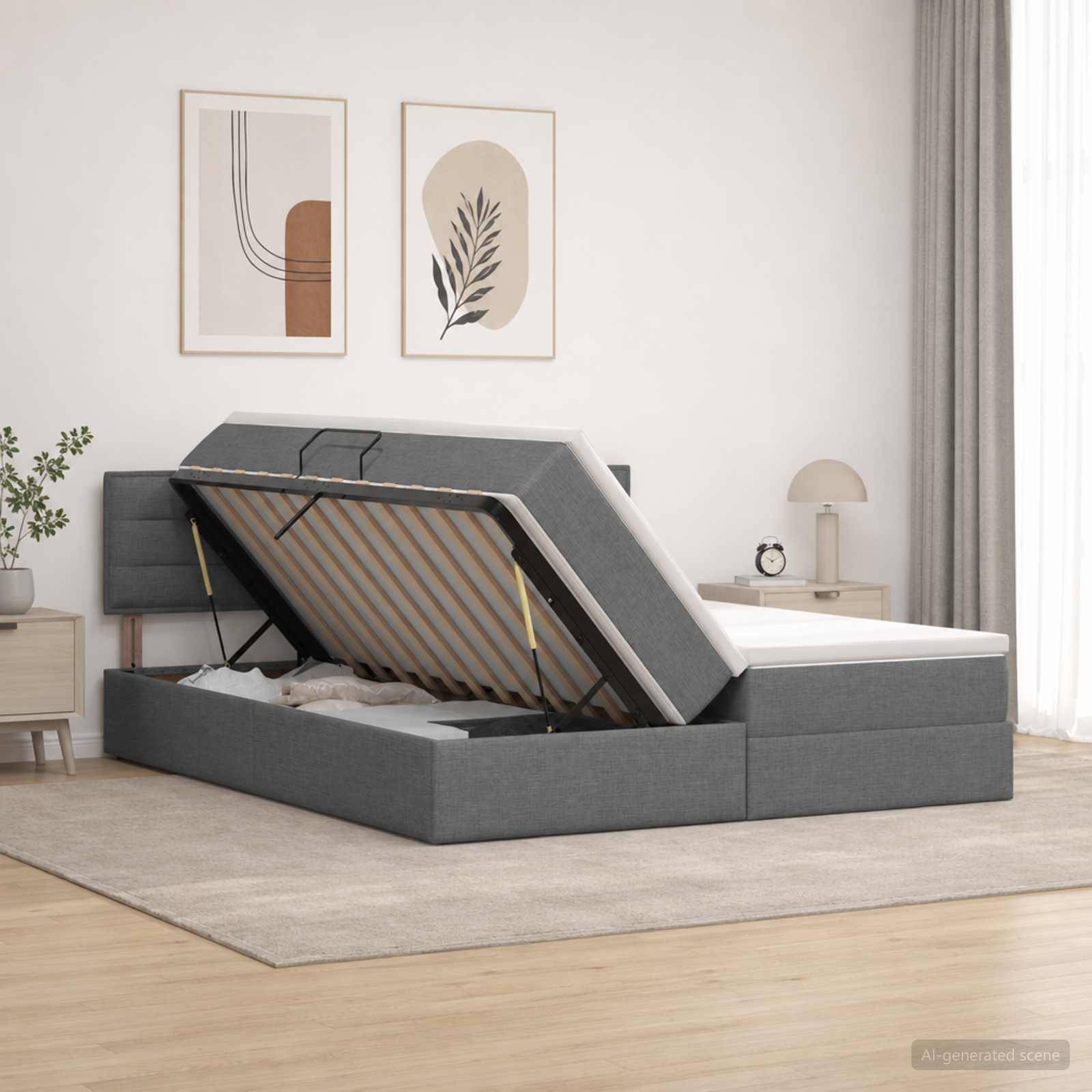 Graues gepolstertes Bett mit Speicherbasis und angehobener Matratzenplattform, die das Bettgestell in einem minimalistischen Schlafzimmer zeigt.