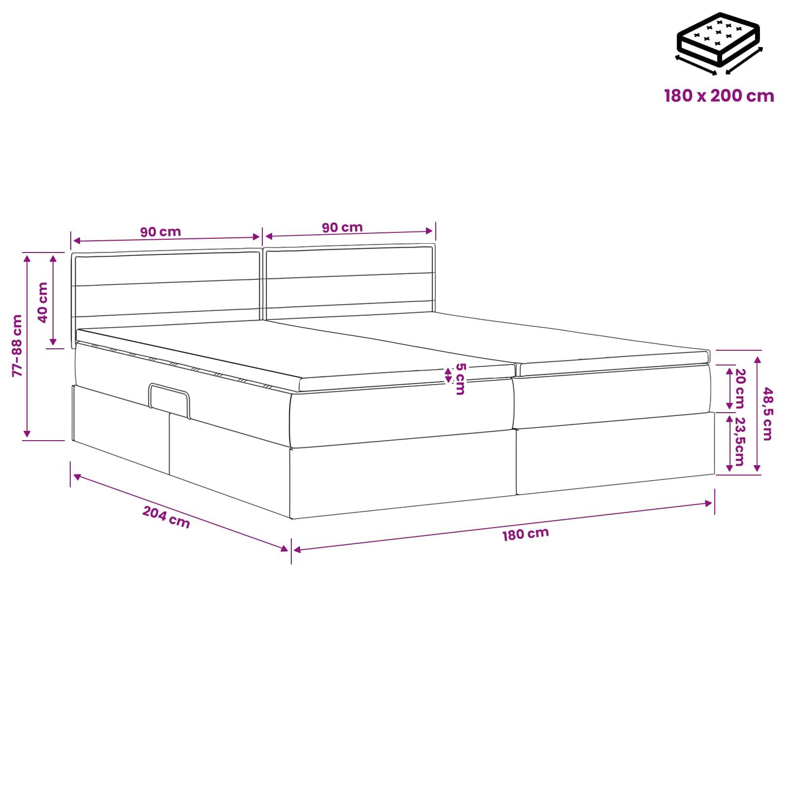 Diagramm eines Boxspringbettes in Kingsize-Größe mit Stauraum-Schubladen mit Abmessungen: 180 x 200 cm Matratze, 204 cm lang, 180 cm breit, Kopfteil- und Sockelhöhen sind gekennzeichnet.