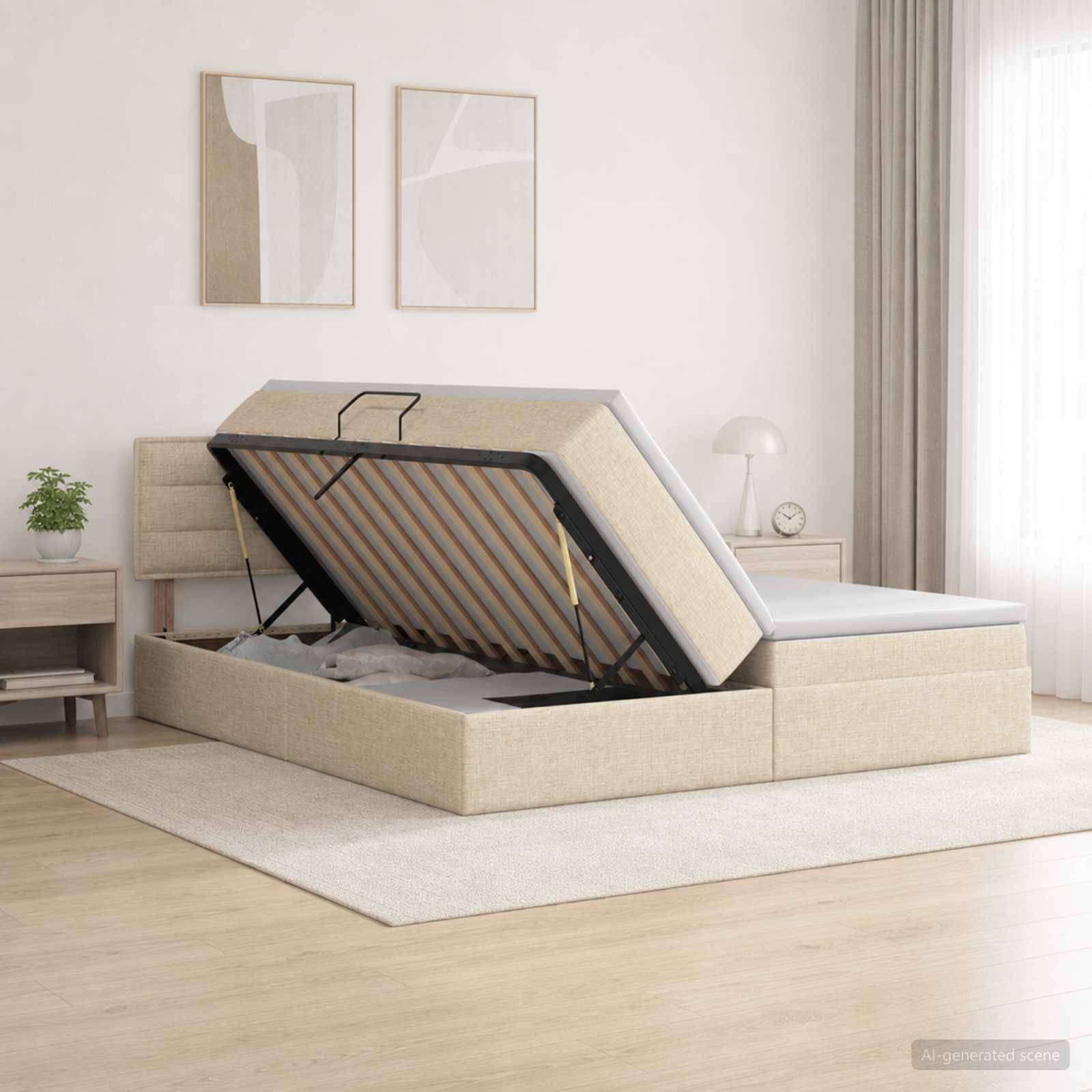 Beiges gepolstertes Speicherbett mit angehobener Matratze, das die Unterspeicherung in einem hellen, minimalistischen Schlafzimmer enthüllt.