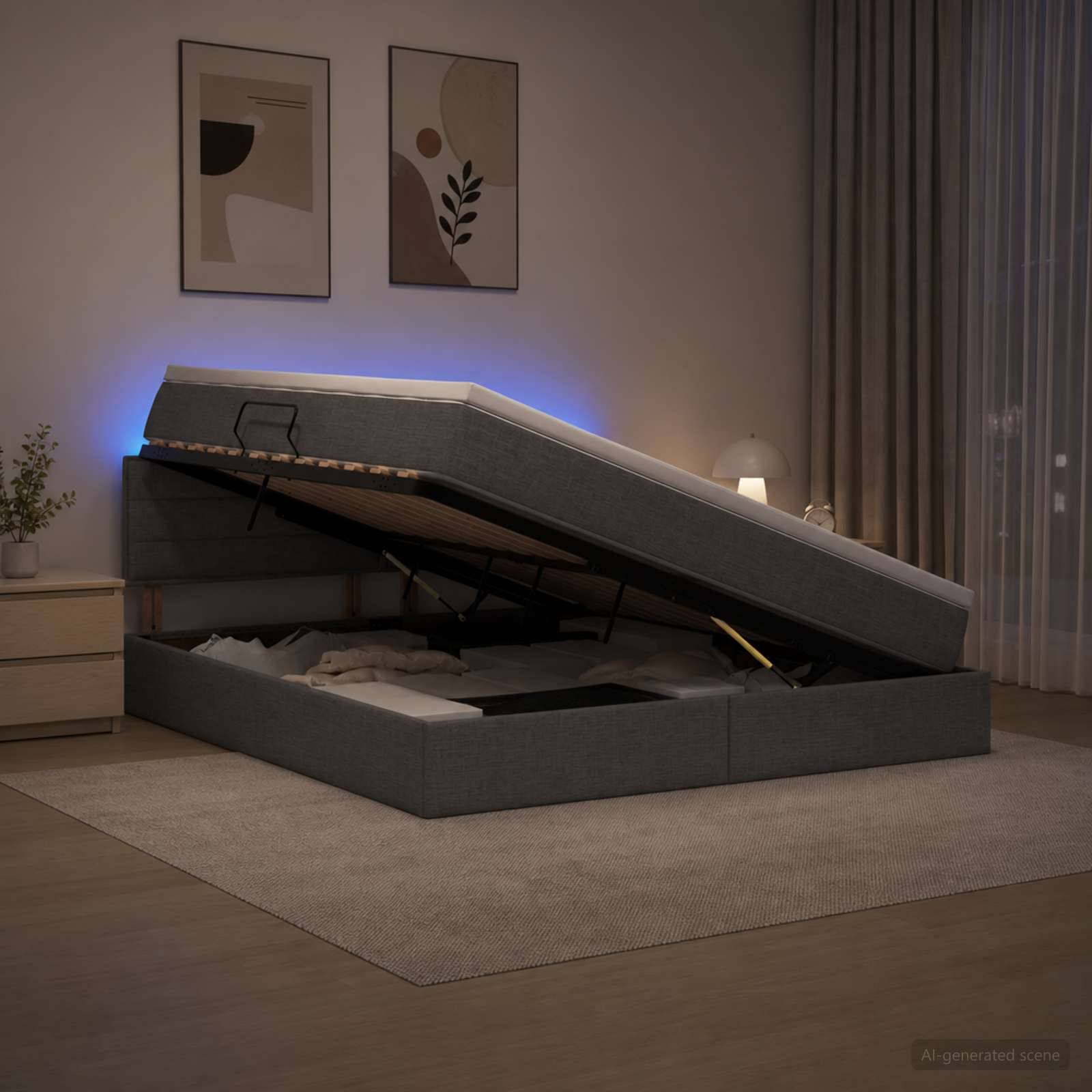 Modernes graues gepolstertes Speicherbettgestell, das angehoben ist und die Matratzenunterlage und das innere Fach freilegt, in einem sanft beleuchteten Schlafzimmer mit Wandkunst und Vorhängen.