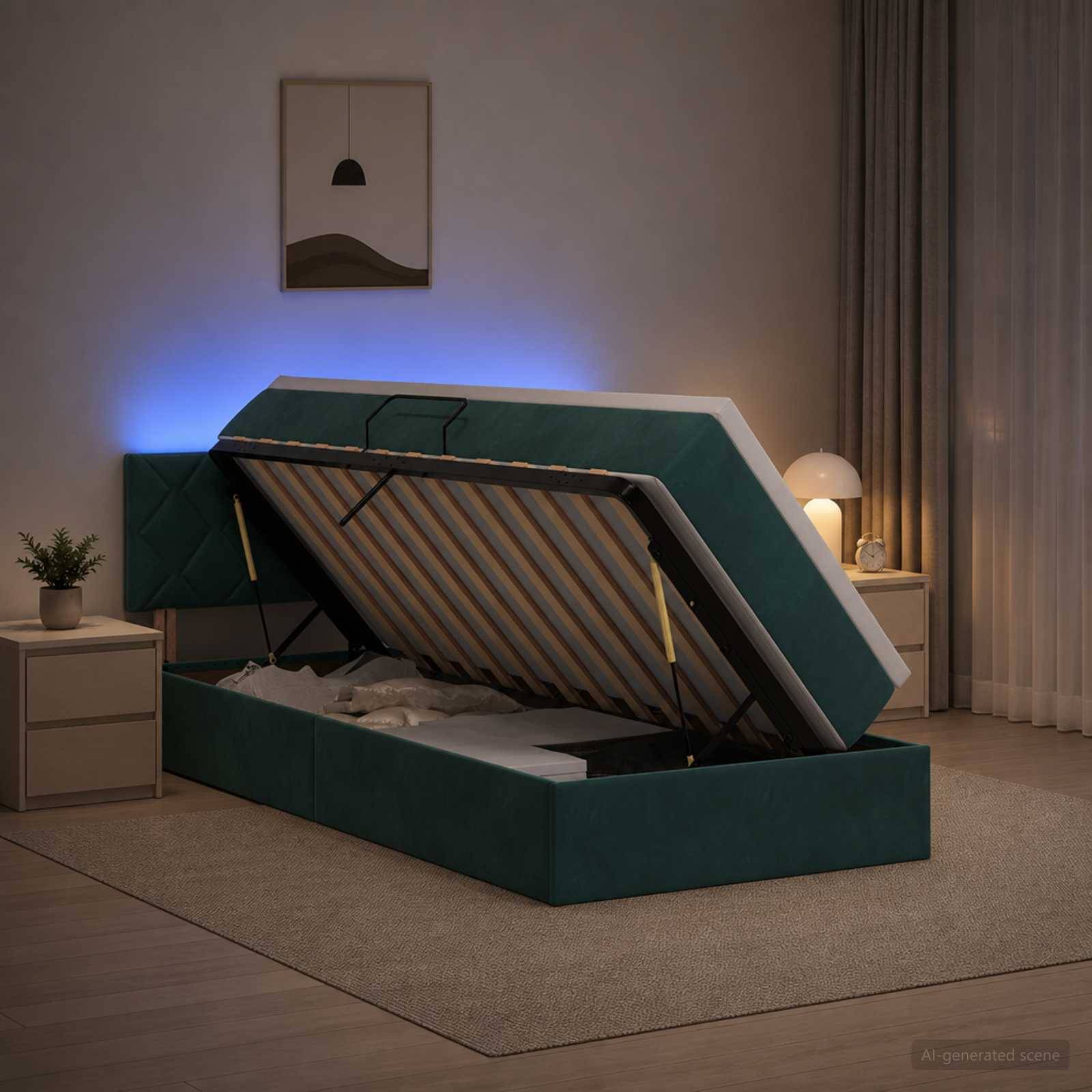Grünes gepolstertes Speicherbett mit angehobenem Bettpad, das das Unter-Bett-Fach in einem sanft beleuchteten Schlafzimmer zeigt.