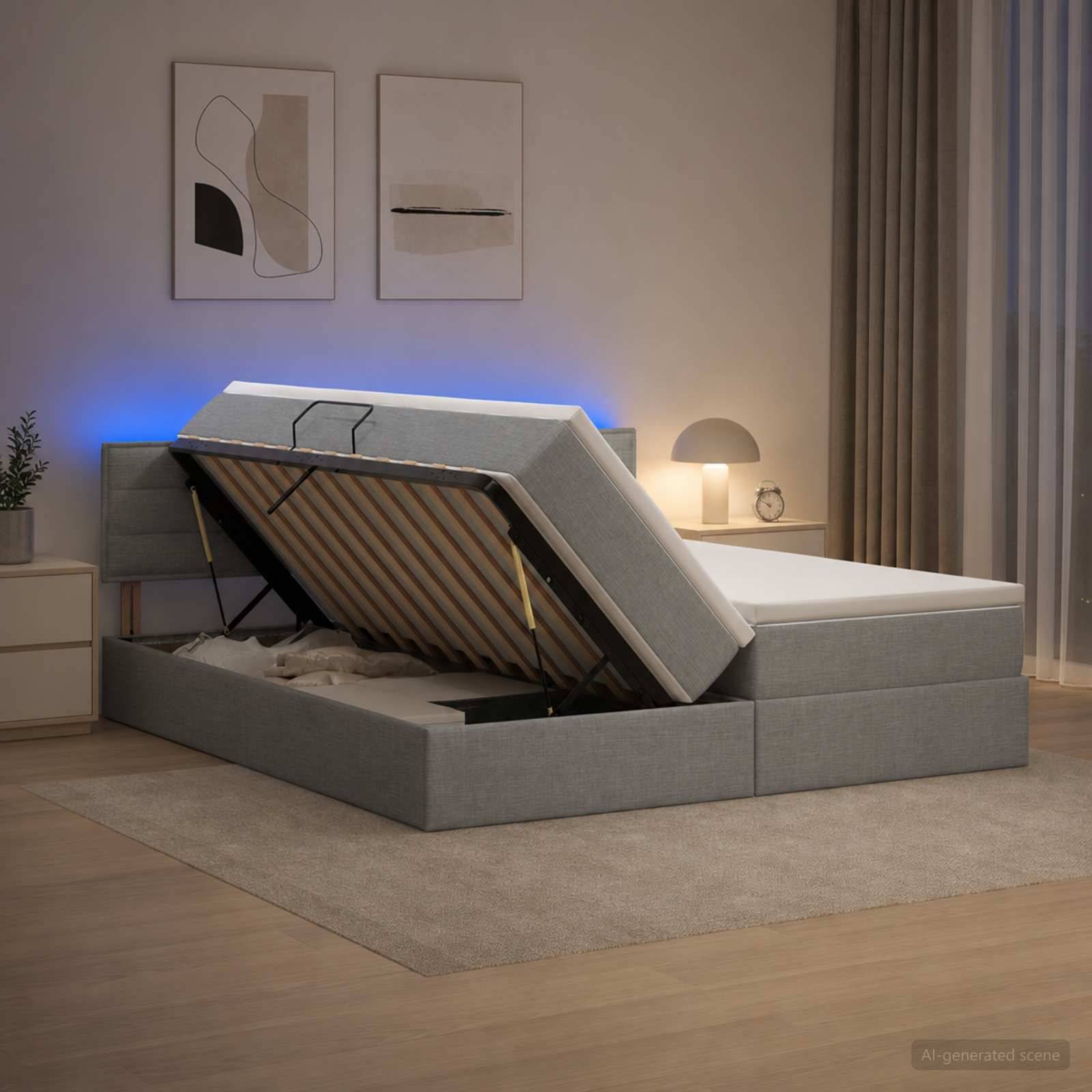 Modernes gepolstertes Bettgestell mit angehobenem Speichersockel, der die Unterbett-Latten und die Bettwäsche in einem sanft beleuchteten Schlafzimmer freilegt.
