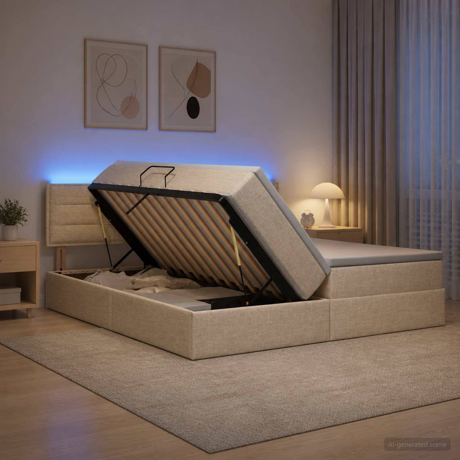 Modernes beiges Polsterbett mit Stauraumboden und hochgehobenem Matratze, das einen verstellbaren Lattenrost in einem sanft beleuchteten Schlafzimmer zeigt.