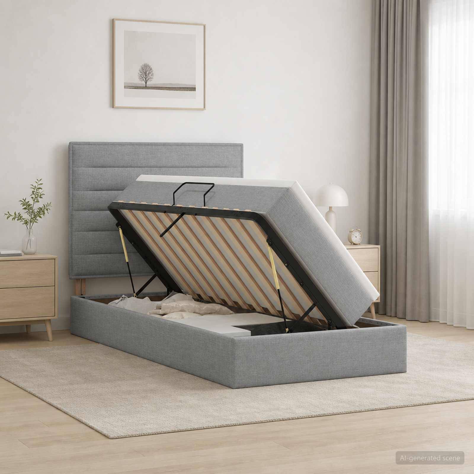 Ein grau gepolstertes Bett mit angehobener Matratze auf einem Speicherrahmen, das das Unter-Bett-Fach in einem minimalistischen Schlafzimmer offenbart.