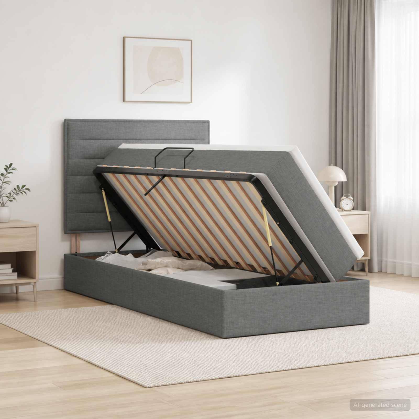 Grau gepolstertes Bett mit Hubmechanismus in einem modernen Schlafzimmer, das die angehobene Matratze zeigt, um den Stauraum unter dem Bett freizulegen.