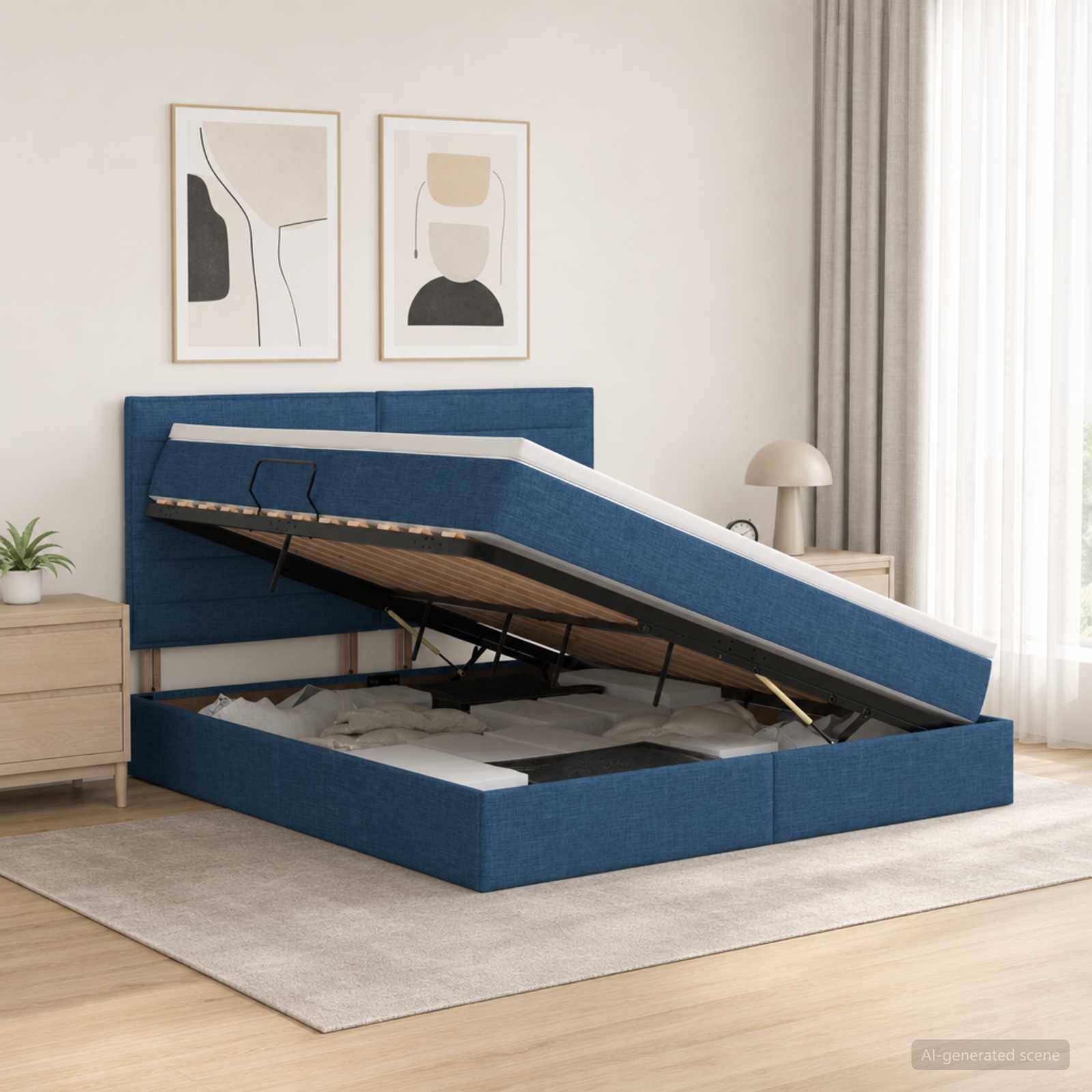 Blaues gepolstertes Bett mit Hydraulikliftsystem in einem modernen Schlafzimmer, mit erhobener Matratze, um das Stauraum-Fach unter dem Bett zu zeigen.