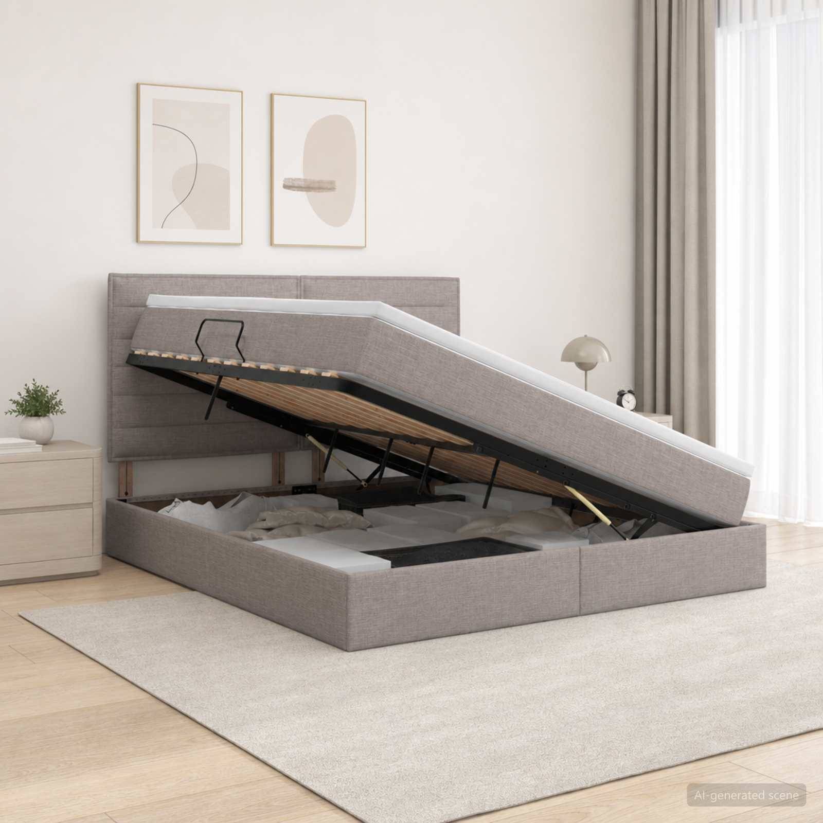 Grau gepolstertes Speicherbett mit auf Gasfedern angehobener Matratze, das Stauraum unter dem Bett in einem hellen, minimalistischen Schlafzimmer offenbart.