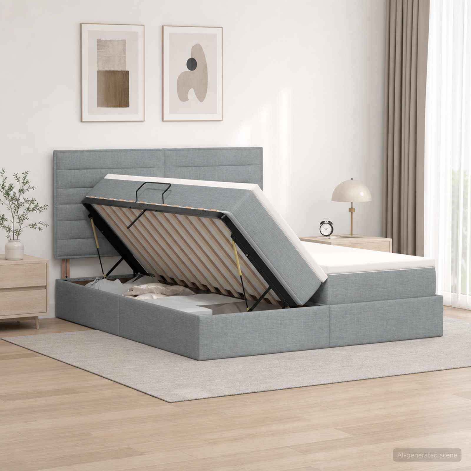 Grau gepolstertes Speicherbett mit angehobener Matratze auf einer Gasliftstütze, das Stauraum unter dem Bett in einem minimalistischen Schlafzimmer zeigt.
