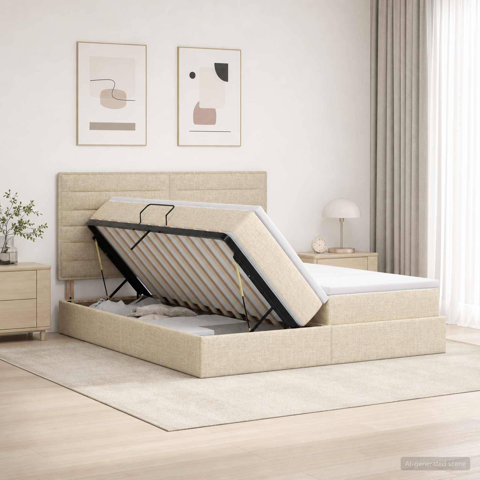 Beige gepolstertes Bett mit angehobenem Lattenrost auf einer Stauraumbasis, das darunter liegende Bettlagerung in einem minimalistischen Schlafzimmer enthüllt.