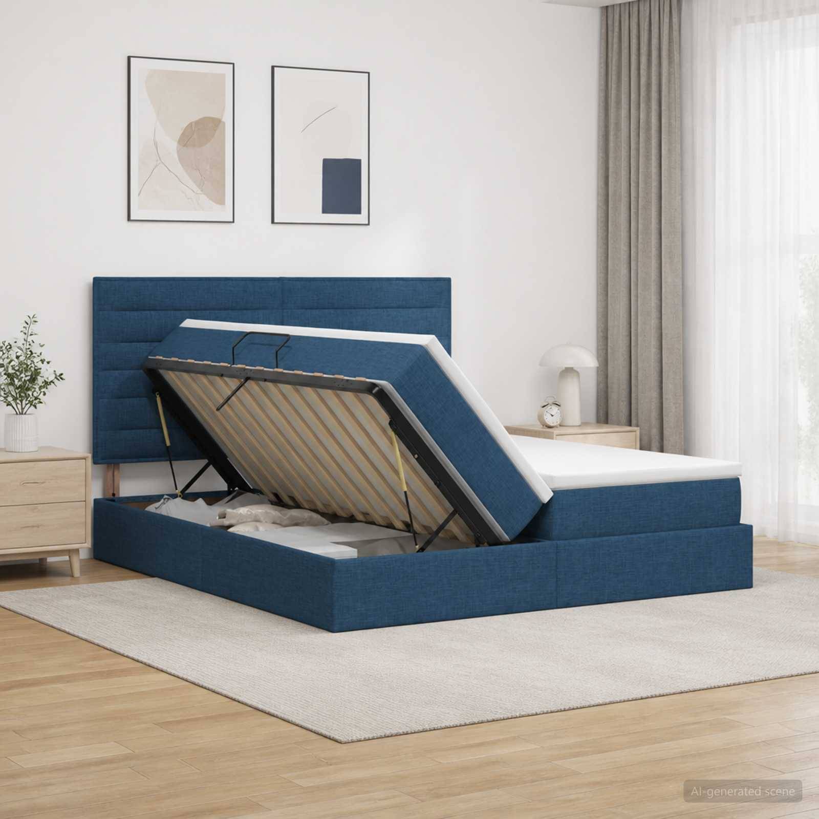 Blaues, gepolstertes Bett mit Hydraulik-Hubmechanismus in einem hellen Schlafzimmer, mit erhobener Matratzenunterlage, um den Stauraum unter dem Bett freizugeben.