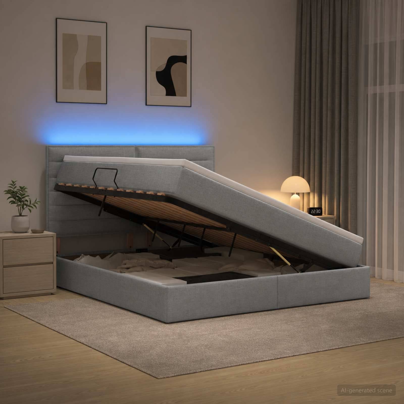 Modernes Schlafzimmer mit einem grau gepolsterten Bett mit Hubmechanismus, das geöffnet ist und den Stauraum unter dem Bett zeigt, mit blauer Hintergrundbeleuchtung, Nachttischlampe, Teppich und Wandkunst.