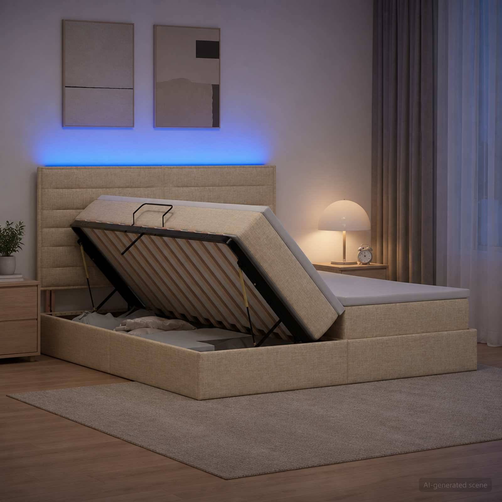 Modernes beige gepolstertes Bett mit angehobenem Lattenrost auf einer Speicherplattform, wobei der Platz im Rahmen in einem sanft beleuchteten Schlafzimmer sichtbar wird.