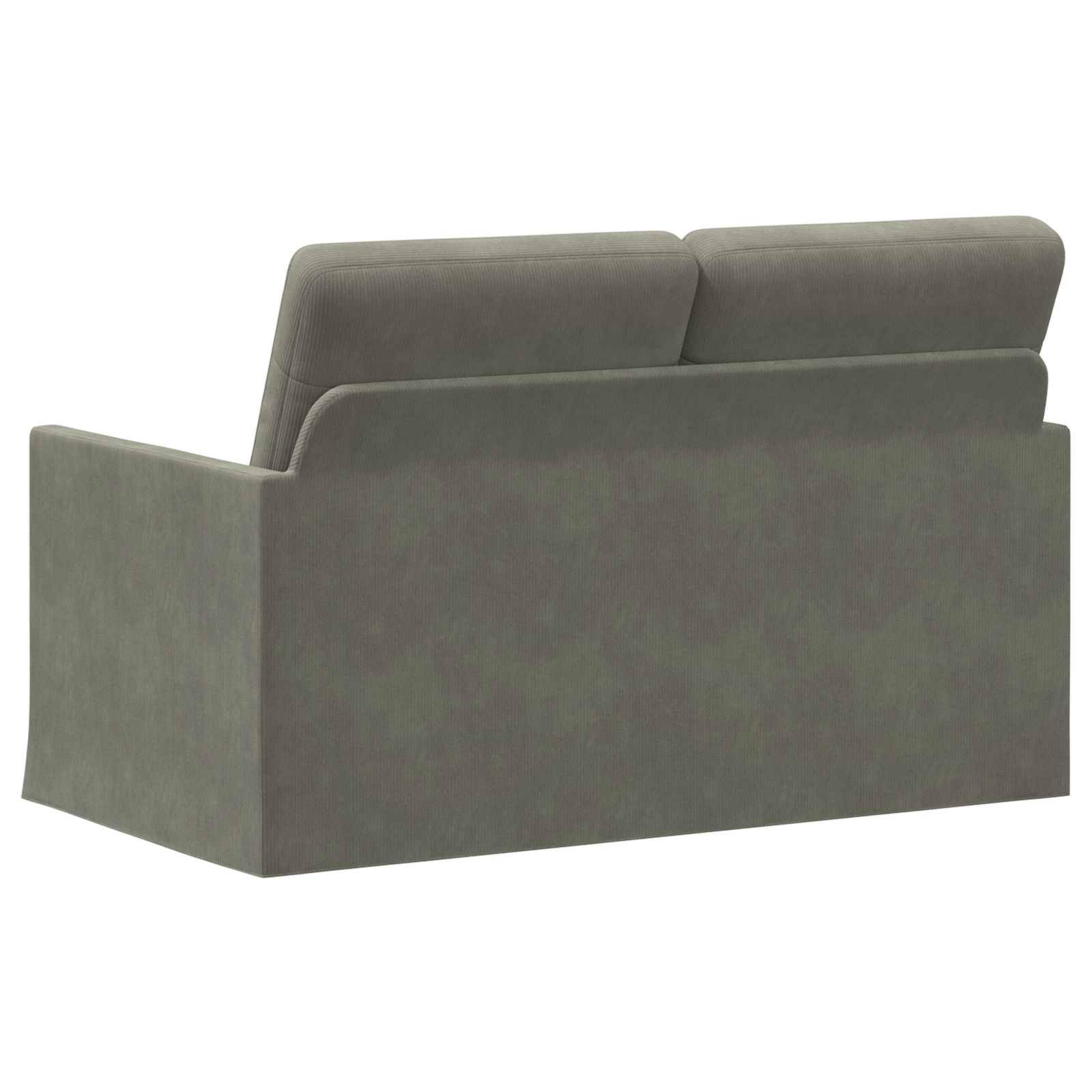 Rückansicht eines grau gepolsterten Sofas mit niedrigen Rückenkissen und quadratischen Armlehnen auf weißem Hintergrund.