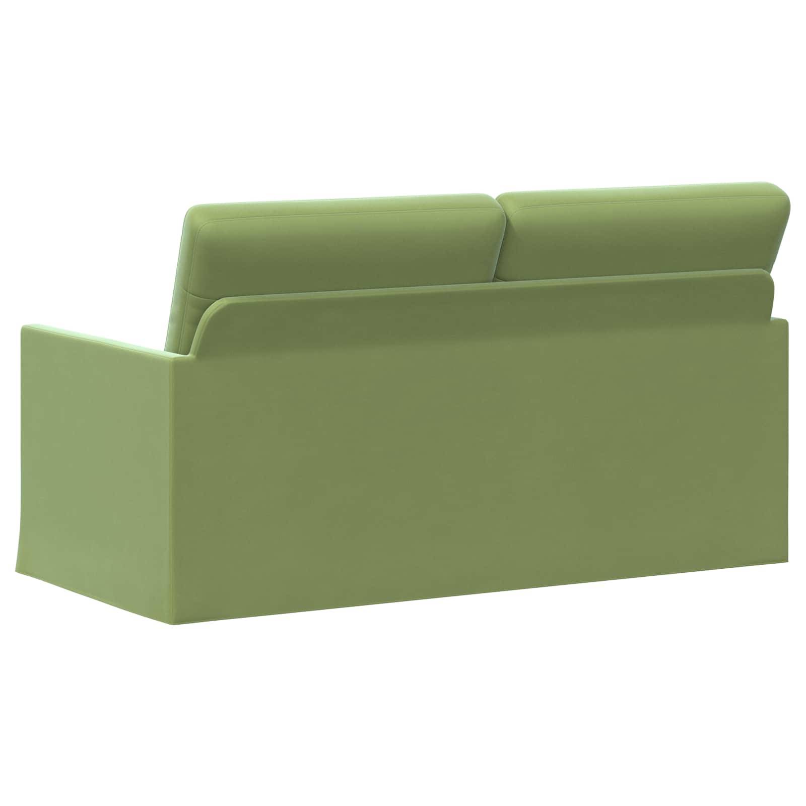 Grünes Polstersofa von hinten und von der Seite auf weißem Hintergrund zu sehen.