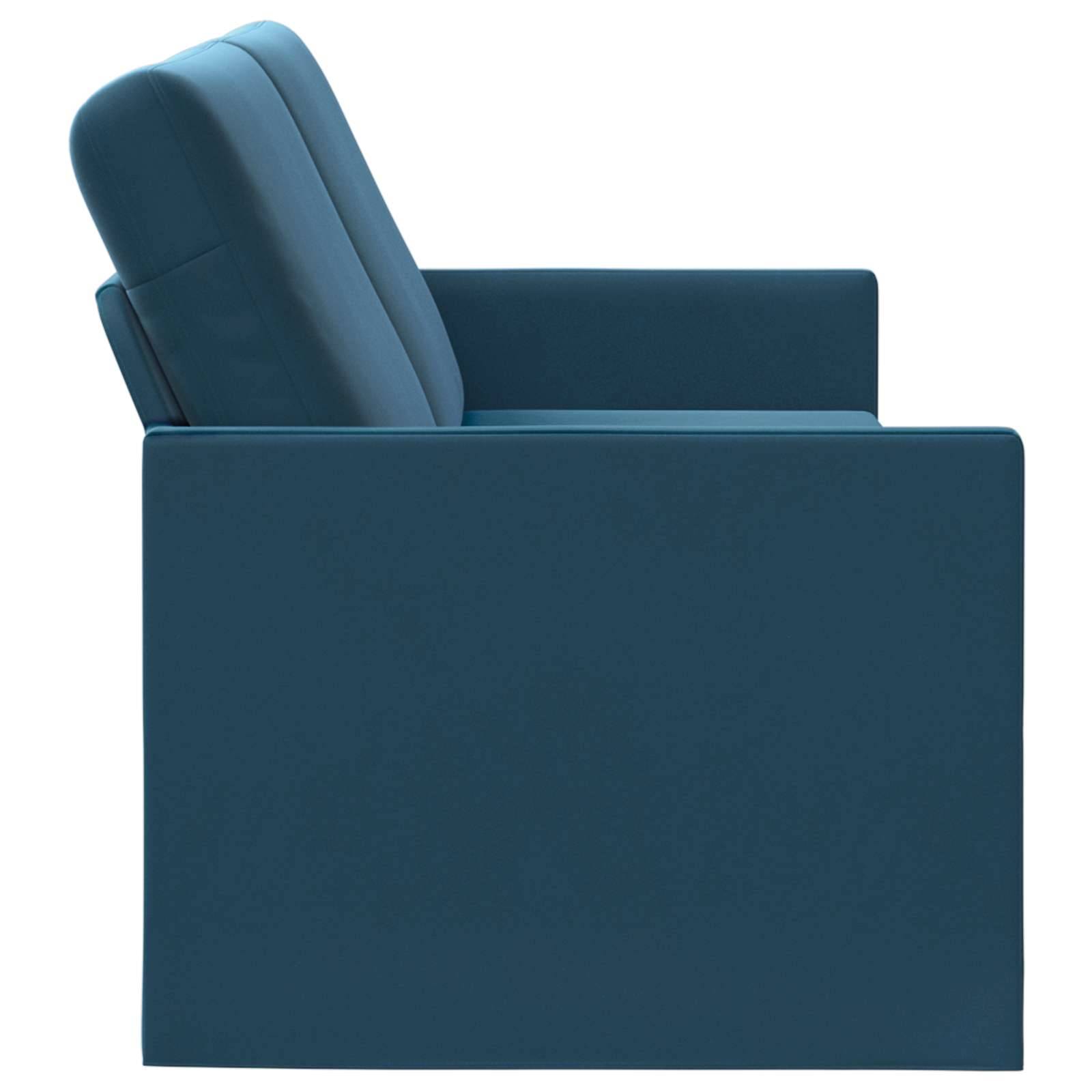 Blauer Polstersessel in Seitenansicht auf weißem Hintergrund.