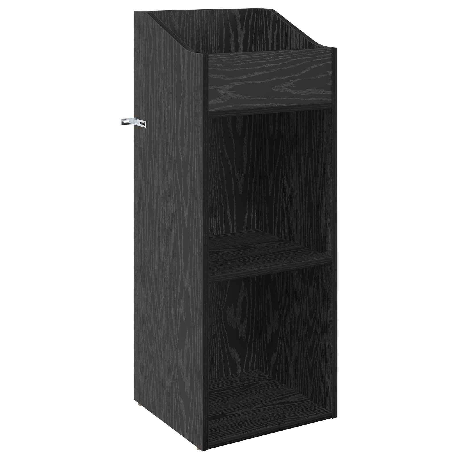 Schwarzer Schrank oder Regaleinheit mit Holzmaserung, mit drei offenen Regalen und einer gewölbten vorderen Oberkante, isoliert auf weißem Hintergrund dargestellt.