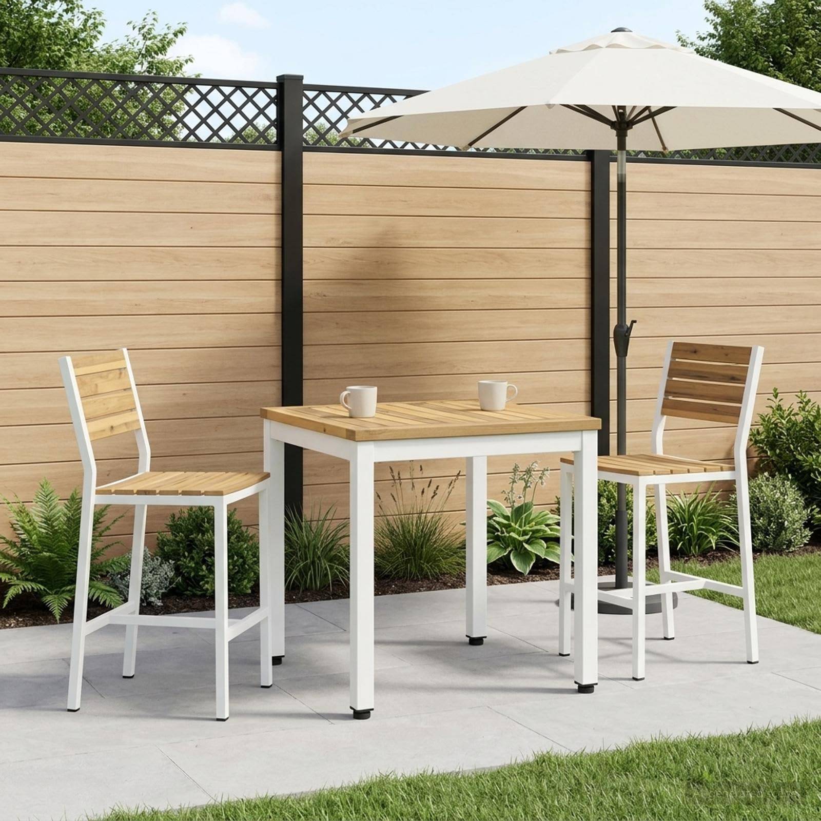 Outdoor-Terrassenmöbel-Set mit zwei Holzbarhocker, einem kleinen Tisch mit zwei Tassen und einem beigen Sonnenschirm auf einer gepflasterten Terrasse neben einem Holzzaun.