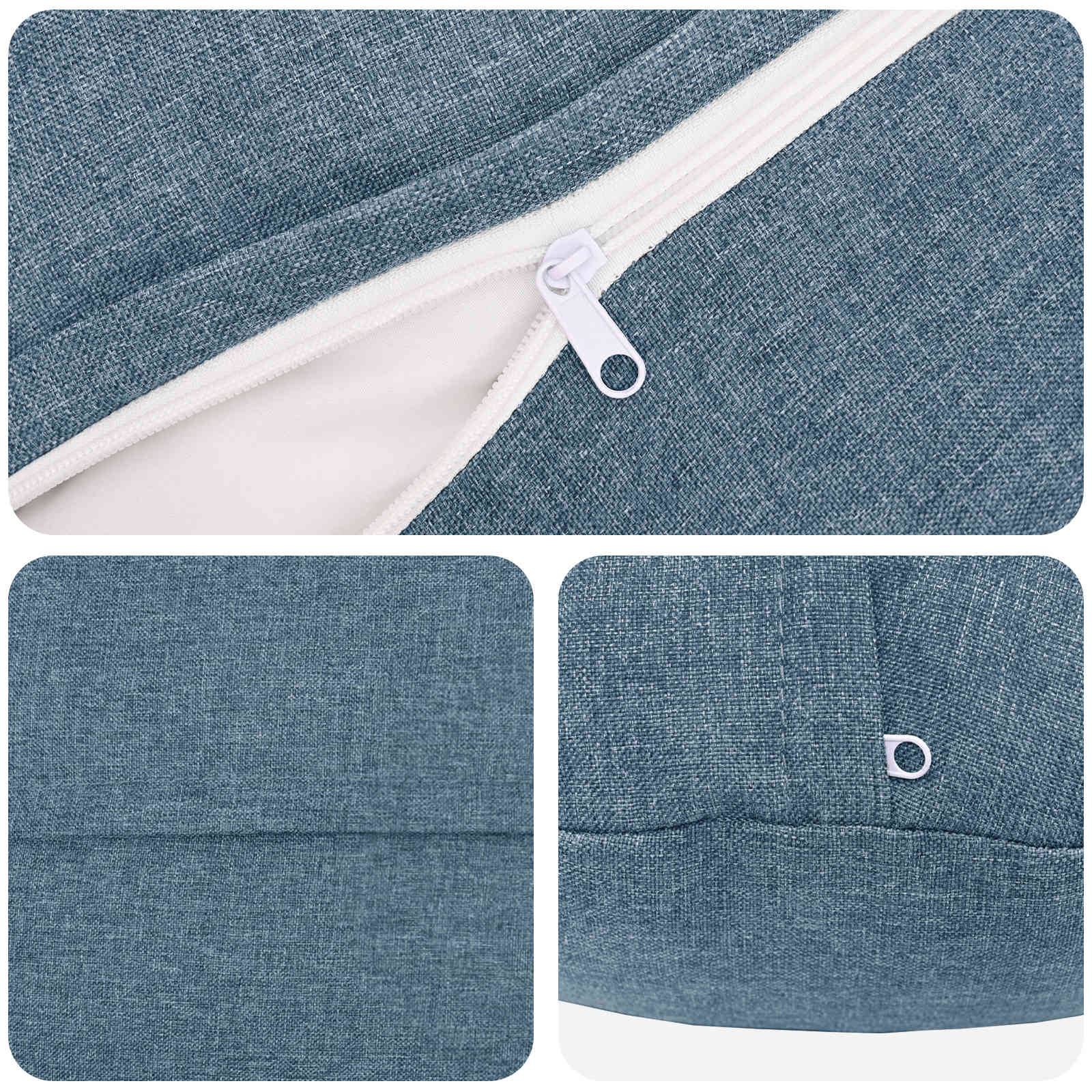 Blaue Stoffkissenhülle mit Reißverschluss und eine kleine Zuglasche in Großaufnahmen dargestellt.