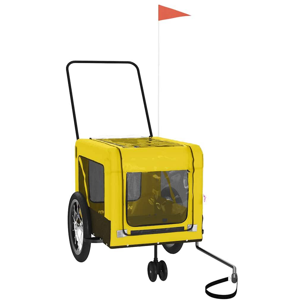 Gelber Kinderfahrradanhänger mit Sicherheitsflagge, Hinterrad und vorderer Zugstange zum Befestigen an einem Fahrrad