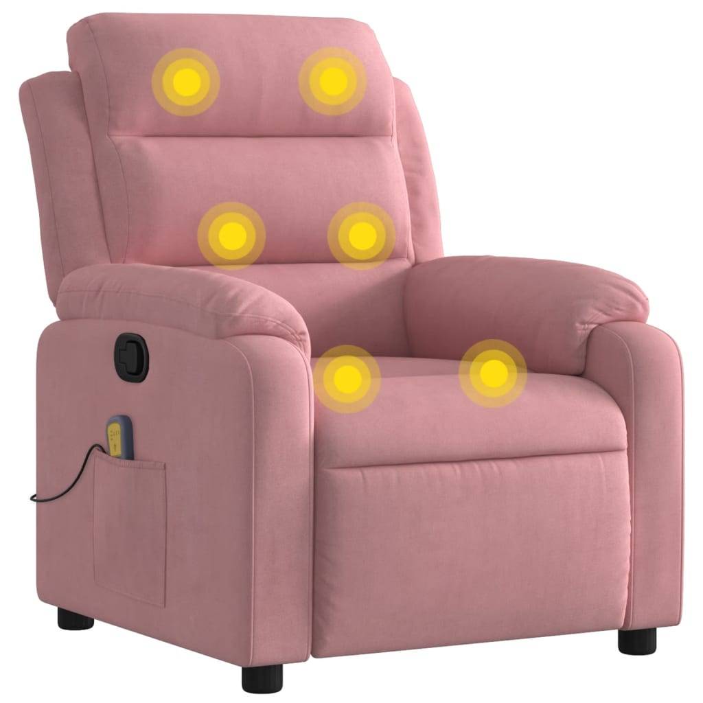 Rosa Relaxsessel mit markierten Massagepunkten auf der Rückenlehne, Sitzfläche und Armlehnen, plus seitlichem Bedienfeld und Tasche.