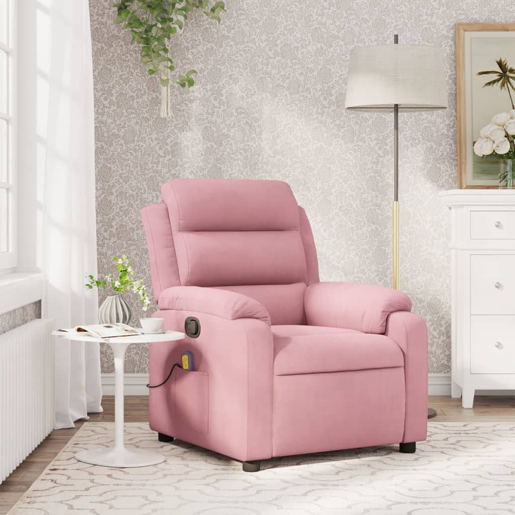 Rosafarbener gepolsterter Relaxsessel in einem hellen Wohnzimmer, mit Seitentasche und Getränkehalter, neben einer Lampe und einem kleinen runden Tisch.