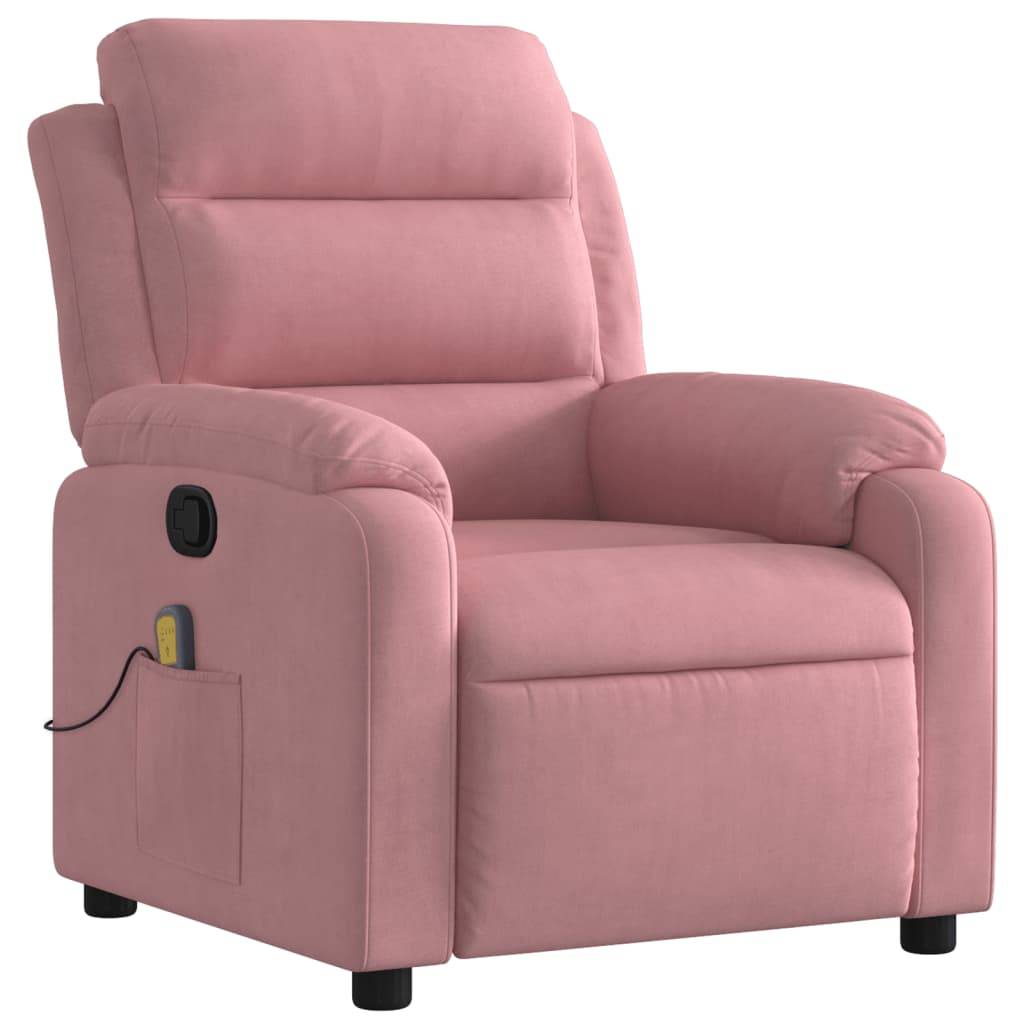 Rosa gepolsterter Relaxsessel mit Seitentasche und Bedienungselementen, abgebildet auf weißem Hintergrund.