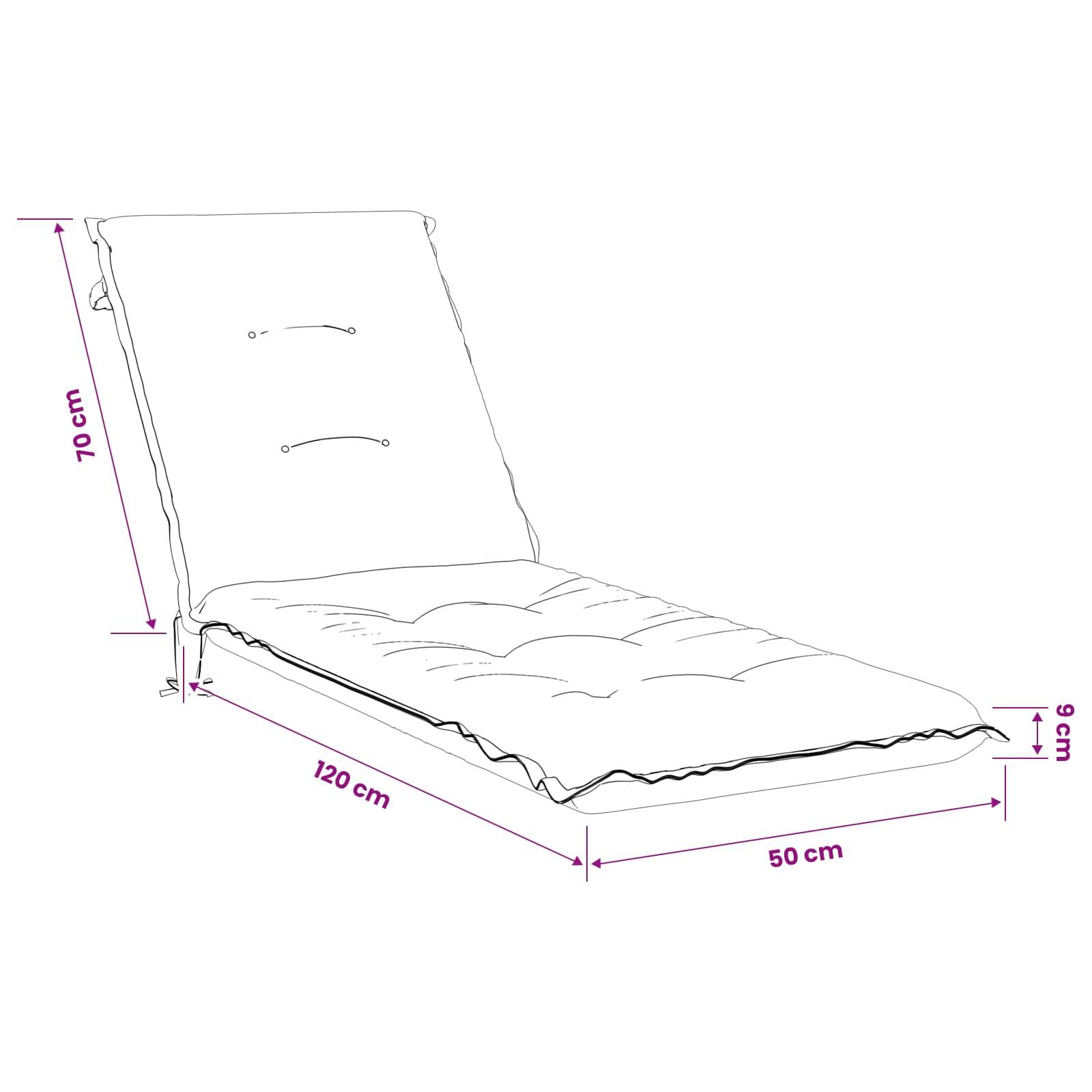 Diagramm eines Liegestuhls mit Kissen und Abmessungen: 70 cm Rückenhöhe, 120 cm Sitzhöhe, 50 cm vorderer Abschnitt und 9 cm Dicke.