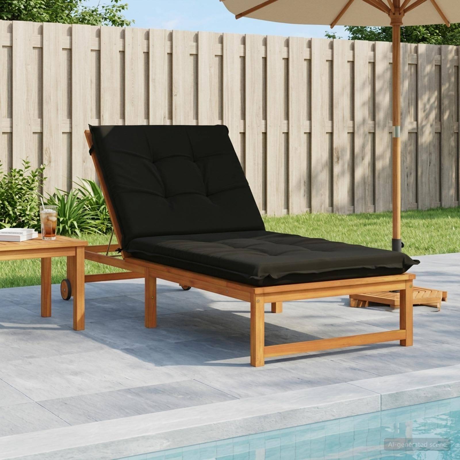 Holzliege für den Außenbereich mit schwarzem Kissen neben einem kleinen Tisch und Pool, unter einem Sonnenschirm auf der Terrasse in einem eingezäunten Hinterhof.
