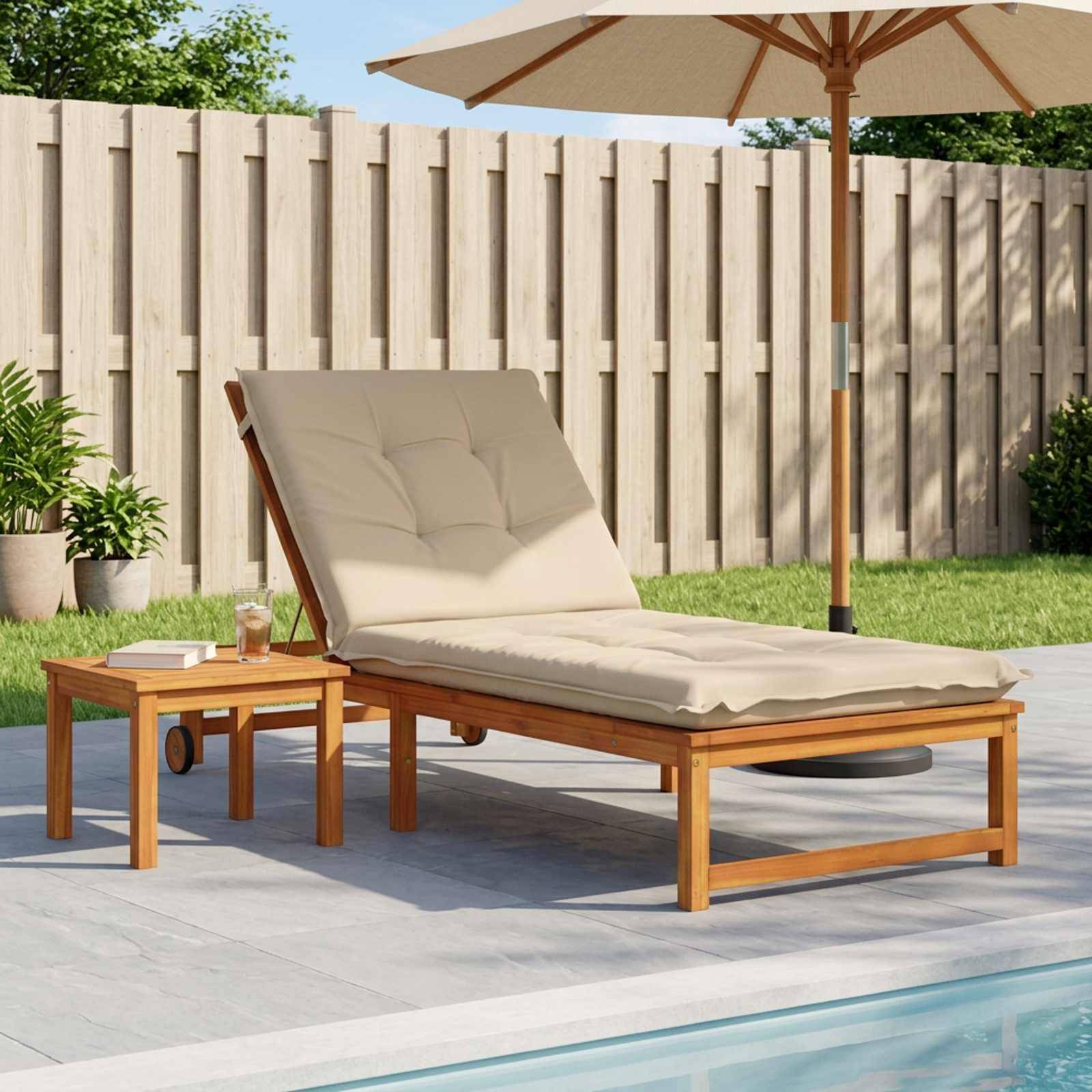 Outdoor-Loungestuhl aus der Terrasse mit beigem Kissen, Beistelltisch und Schirm neben einem Pool in einem eingezäunten Hinterhof.