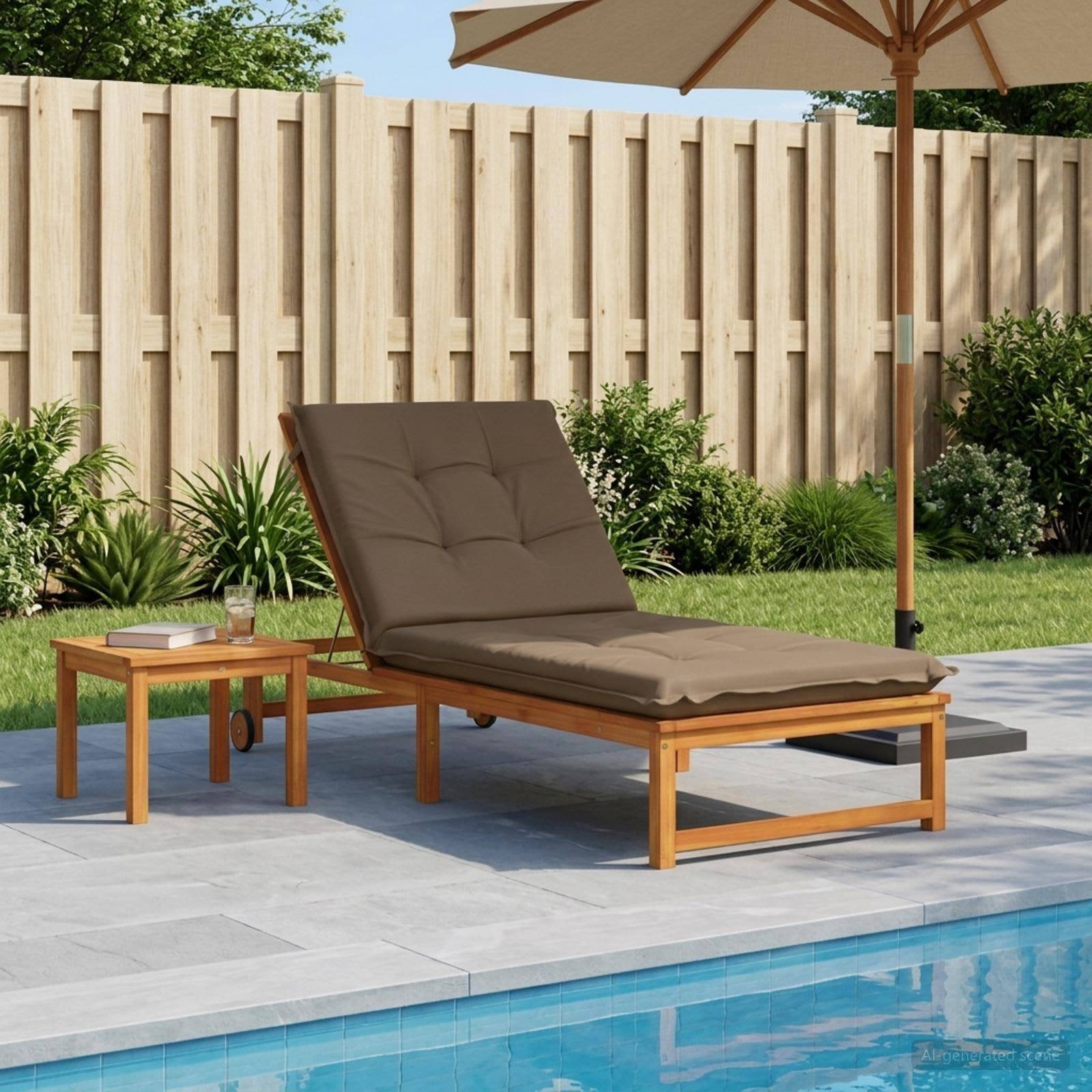 Outdoor-Loungbereich am Pool mit braunem gepolstertem Liegestuhl, Beistelltisch, Sonnenschirm und Gartenzaun mit Bepflanzung im Hintergrund.