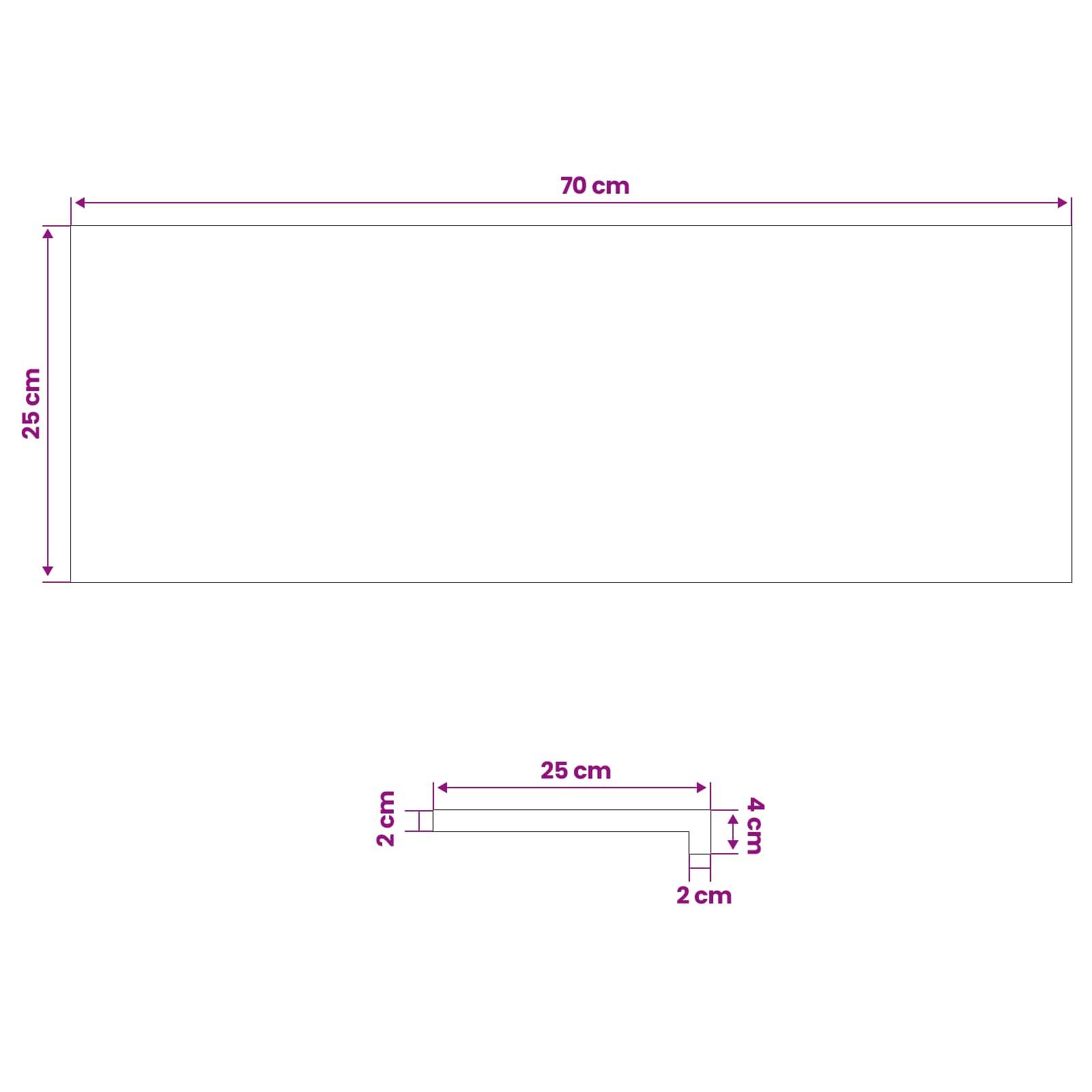 Diagramm eines großen Rechtecks von 70 cm x 25 cm und eines kleinen L-förmigen Profils mit den Bezeichnungen 25 cm, 2 cm und 4 cm, das Abmessungen für ein geschnittenes oder gefaltetes Stück zeigt.