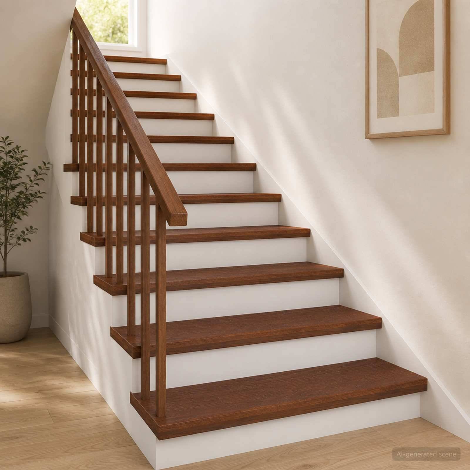 Modernes Holztreppe mit offenen Stufen, weißen Wänden und einem passenden Geländer in einem hellen minimalistischen Innenraum.