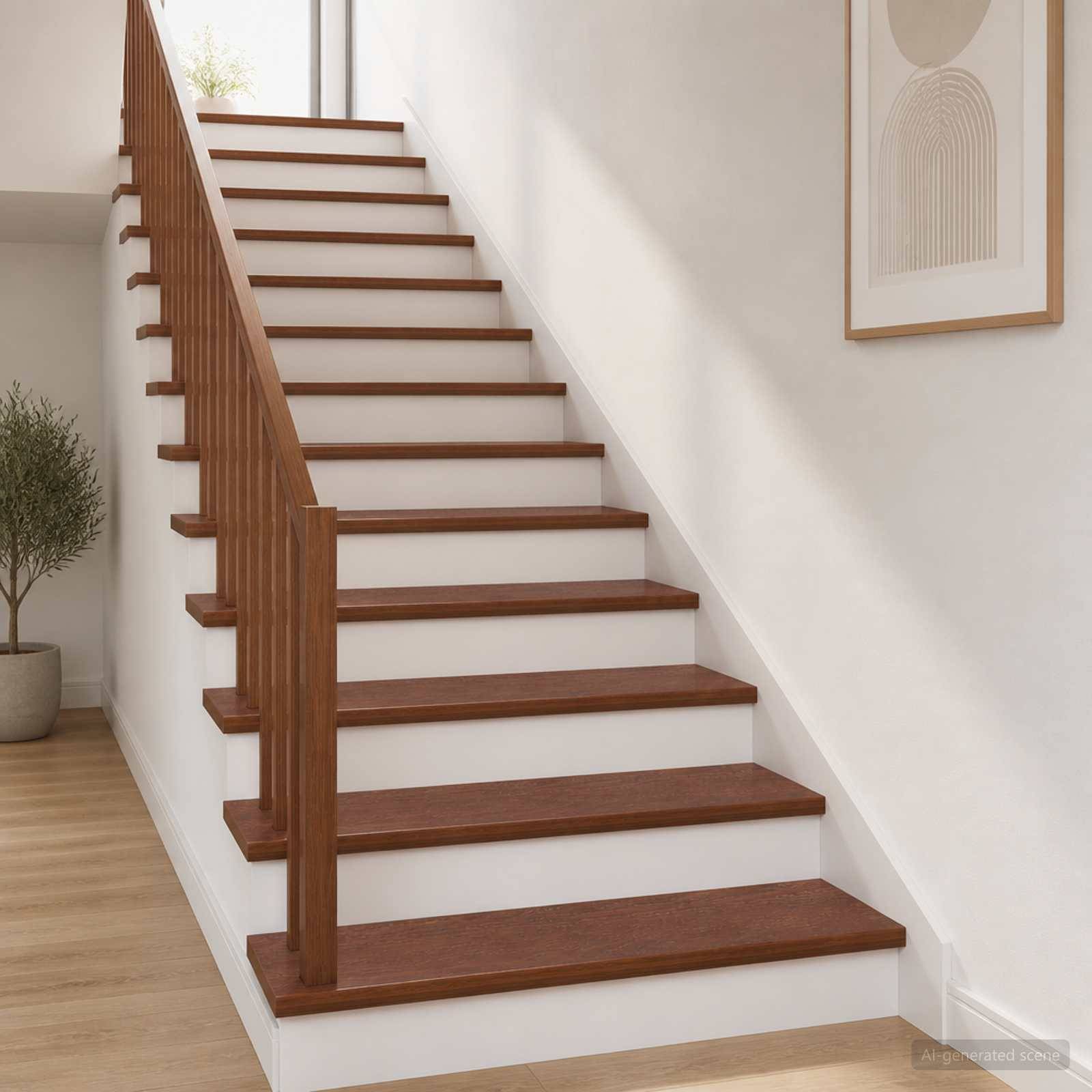 Modernes Innentrepphaus mit Holzstufen und Geländer gegen weiße Wände in einem hellen minimalistischen Flur.