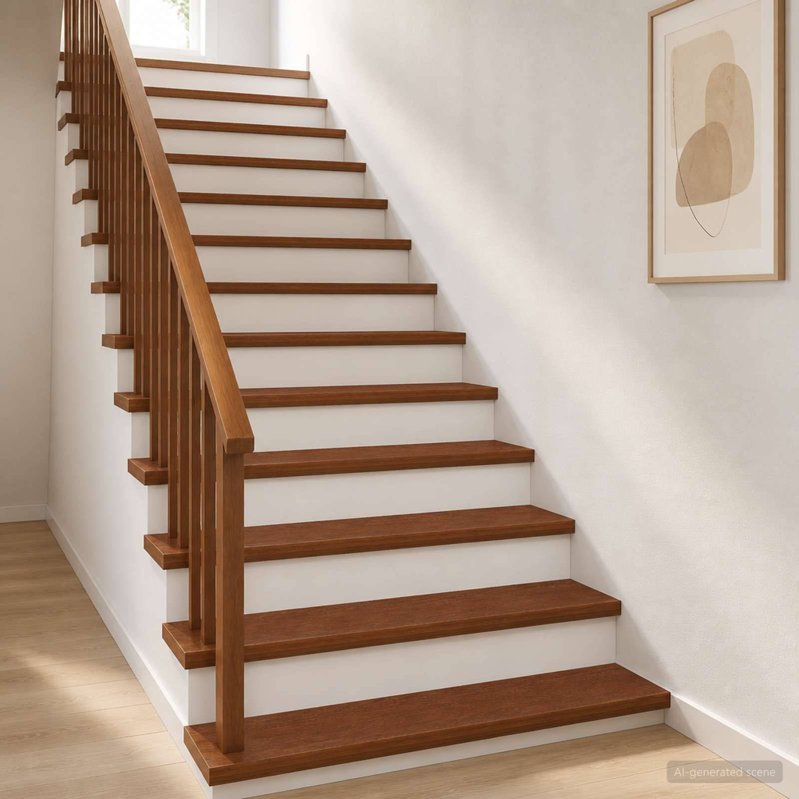 Moderne Innentreppe mit Holzstufen und Geländer vor weißen Wänden, neben einem gerahmten abstrakten Druck.