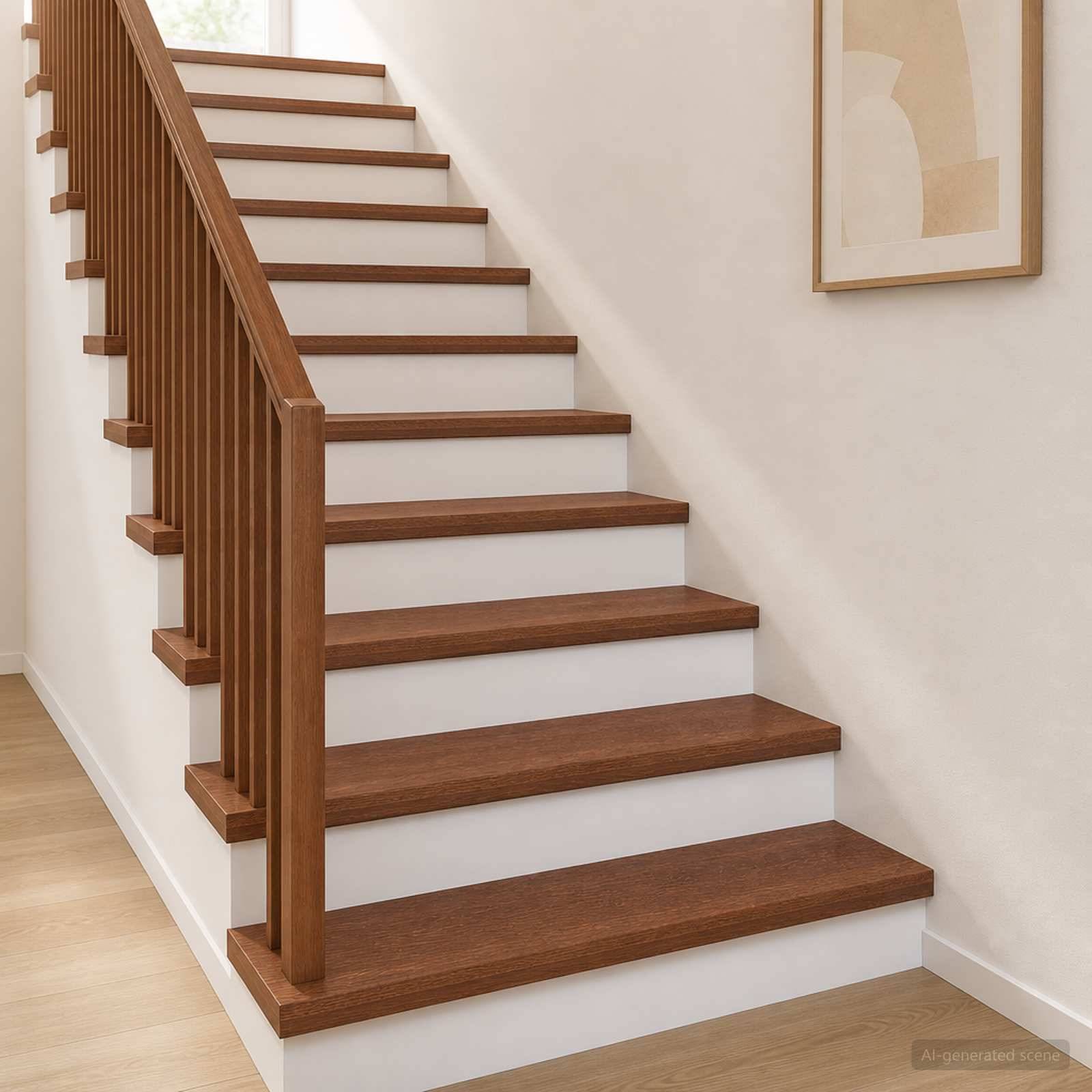 Holztreppe mit weißen Setzstufen und passendem Geländer in einem hellen, minimalistischen Innenhallflur.