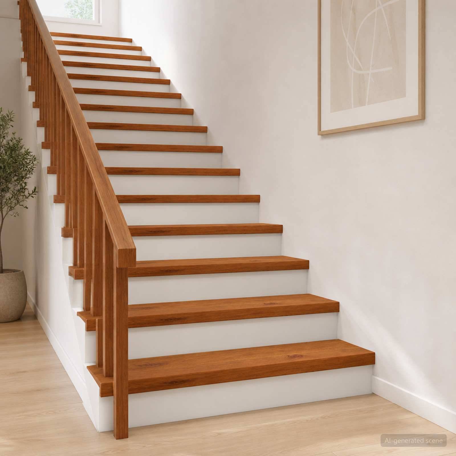 Holztreppe mit offenen Setzstufen und passendem Geländer in einem hellen modernen Wohninterieur.