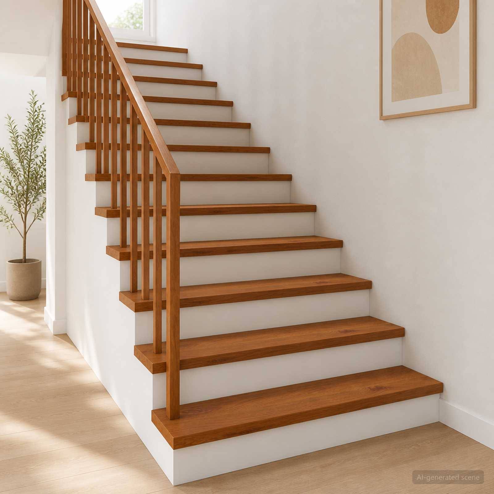 Moderne innentreppen aus holz mit weißen setzstufen und geländer, neben einer topfpflanze und bilderrahmen an der wand in einem hellen flur.