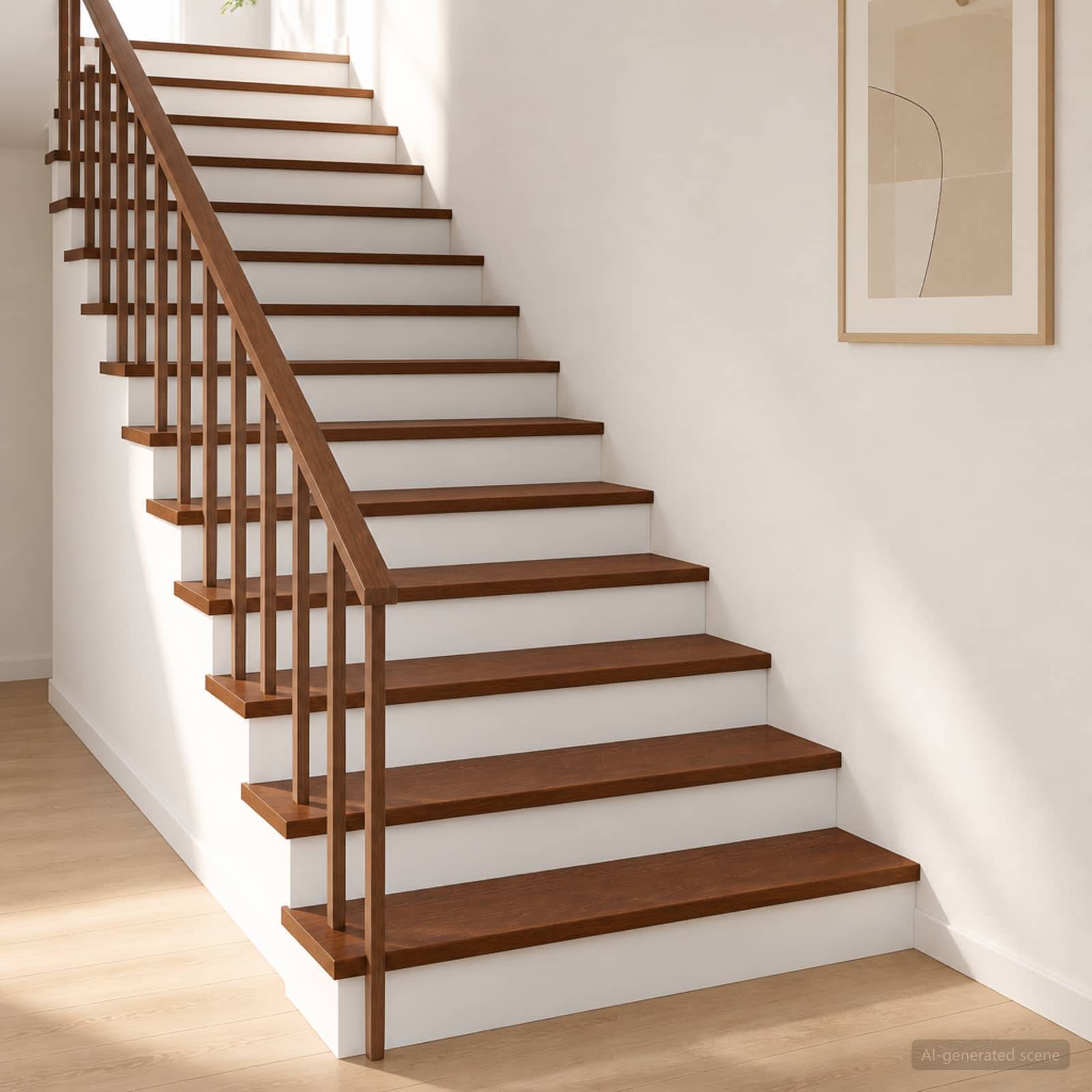 Moderne Innentreppe mit weißen Setzstufen, dunklen Holzstufen und einem Holzgeländer vor einer hellen Wand.