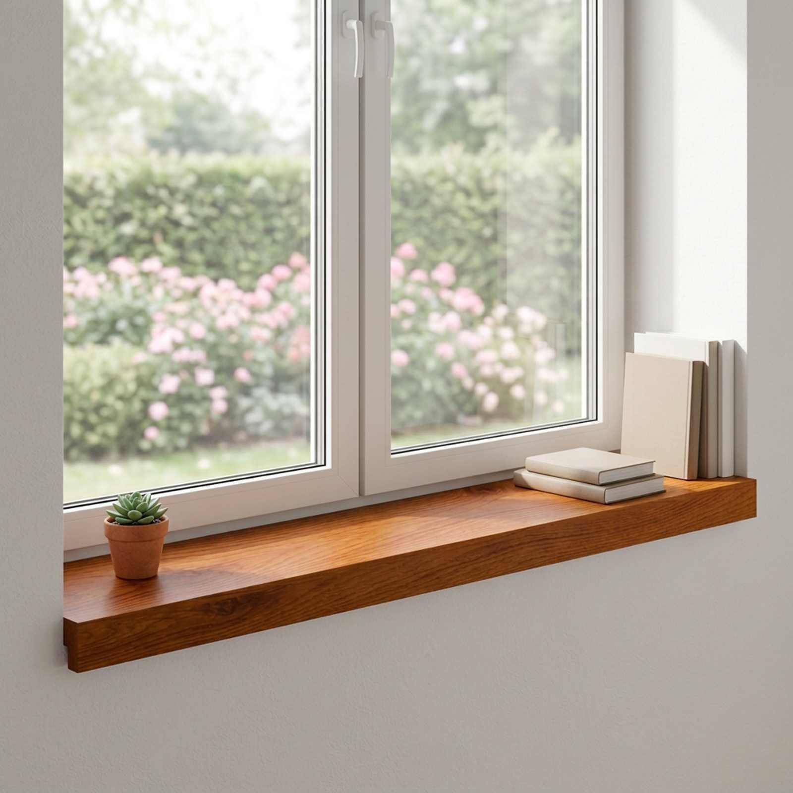 Holzfensterbank mit einem kleinen getopften Sukkulenten, gestapelten Büchern und einem gerahmten Kunstwerk neben einem hellen Fenster mit Blick auf einen unscharfen Garten.