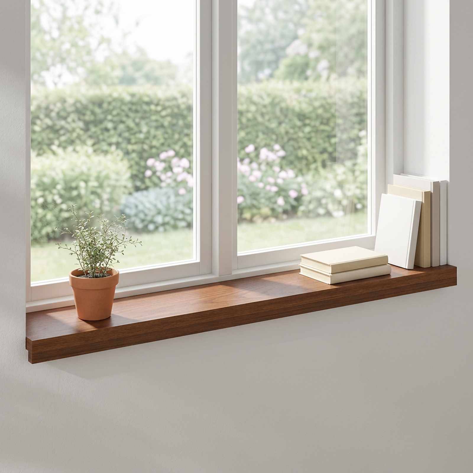 Minimalistisches Fensterbrett mit einer kleinen Topfpflanze, gestapelten Büchern und gerahmten Drucken neben einer hellen Gartenaussicht.