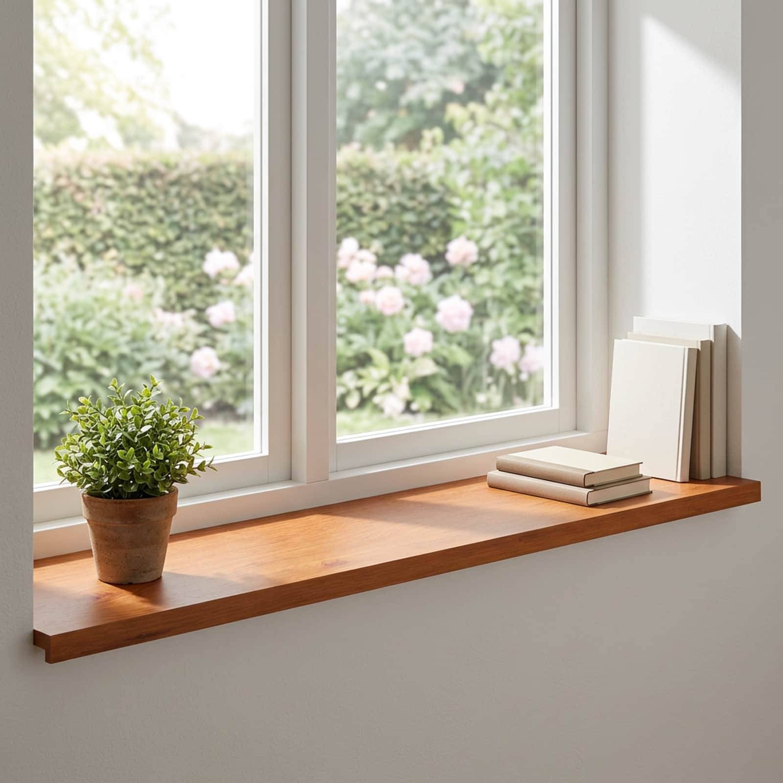 Sonnenbeschienene Fensterbank mit einer Topfpflanze und gestapelten Büchern neben einer hellen Gartenansicht.