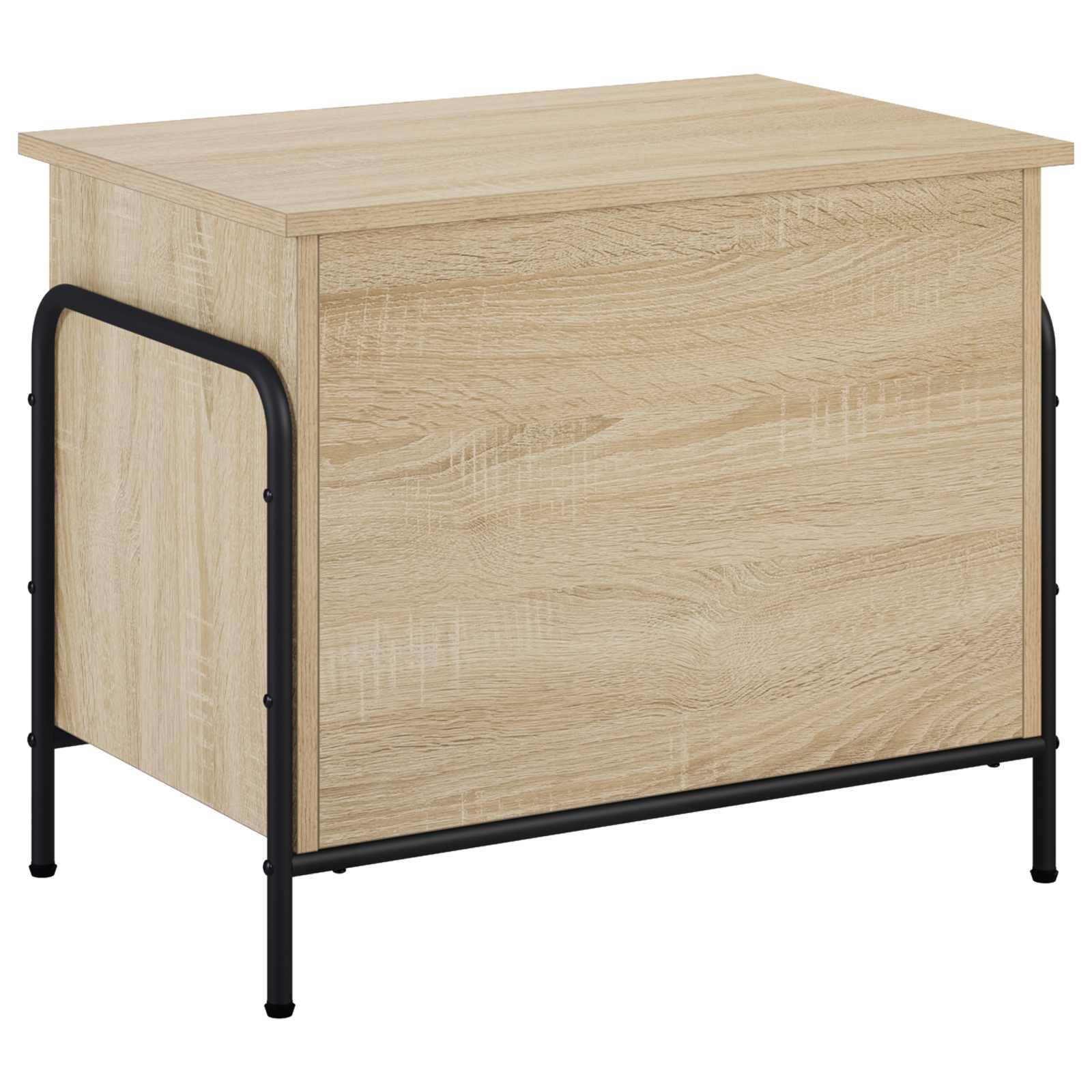 Helles Holz-Lagerschrank oder Nachttisch mit schwarzem Metallrahmen und Beinen auf weißem Hintergrund.
