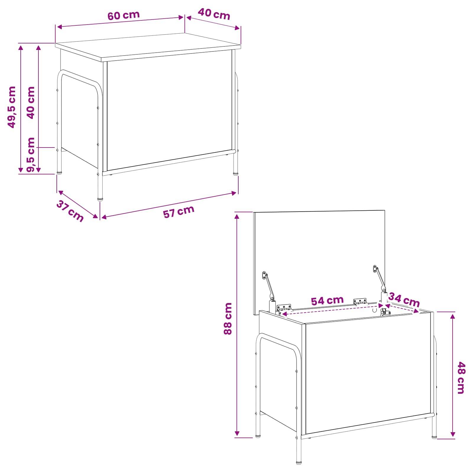 Bemaßtes Diagramm eines kleinen Schranks oder Wäschekorbs, das die geschlossene Größe von 60 x 40 x 49,5 cm und die offene Größe von 54 x 34 x 88 cm zeigt.
