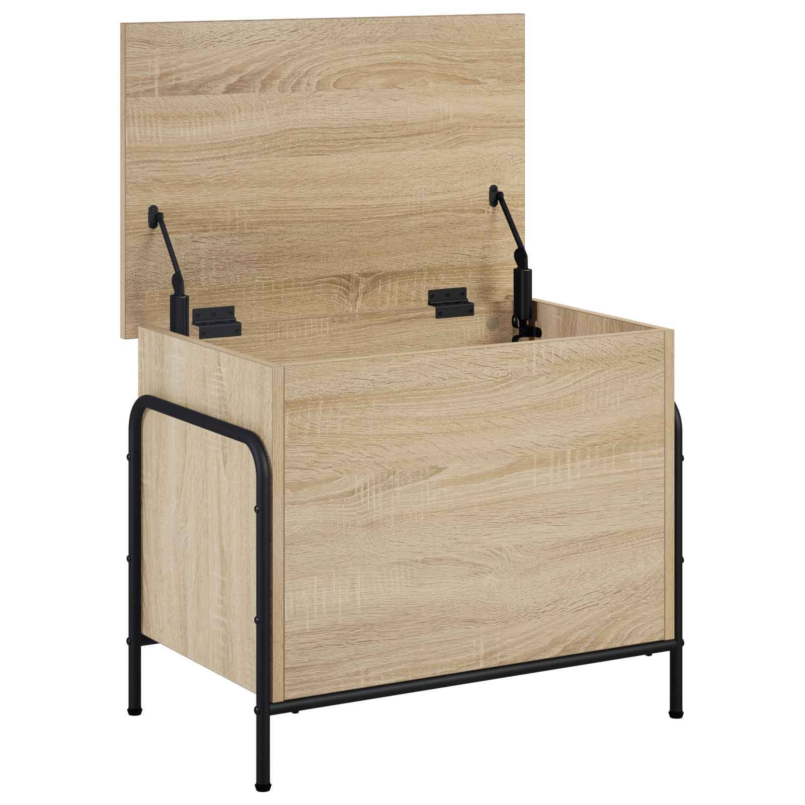 Holzlagerhocker oder -bank mit aufklappbarem Deckel offen, zeigt ein leeres Inneres und schwarzen Metallrahmen.