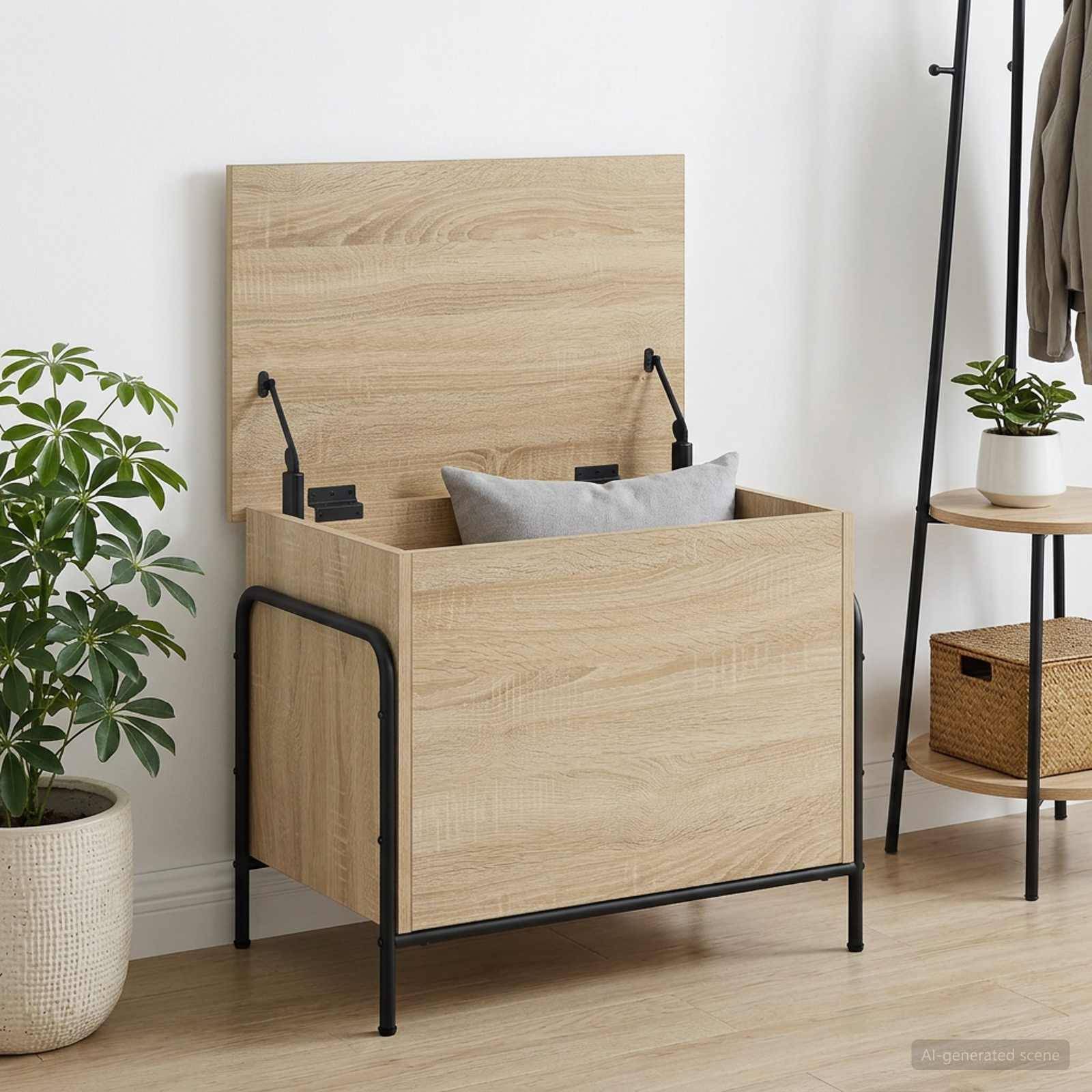 Helle Holzlagerbank mit Klappdeckel, schwarzem Metallrahmen und grauem Kissen in einem minimalistischen Raum neben Pflanzen und einem Beistelltisch.