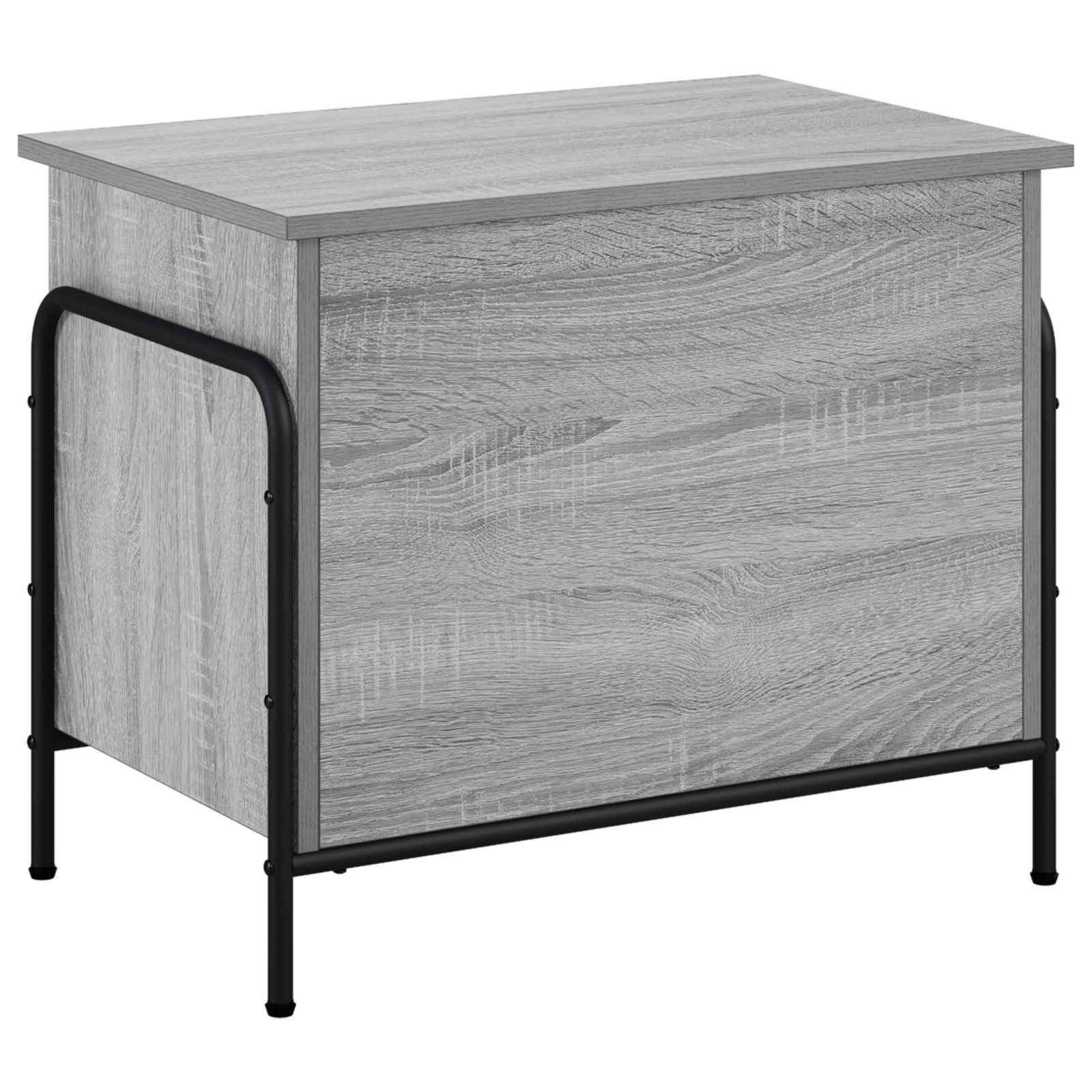 Grauer Speicherschrank mit Holzmaserung, schwarzem Metallrahmen und Beinen auf weißem Hintergrund.