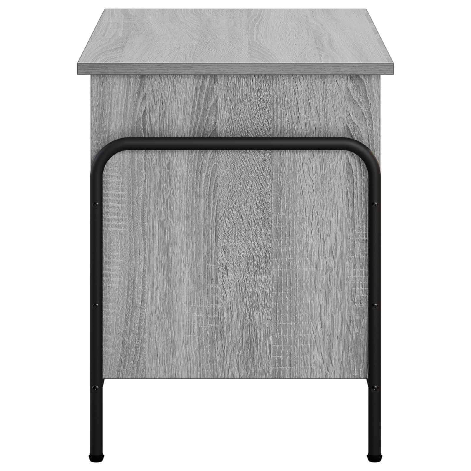 Ein grauer Nachtschrank mit Holzmaserung oder ein kleiner Tisch mit schwarzem Metallrahmen und flacher Oberfläche, dargestellt vor weißem Hintergrund.