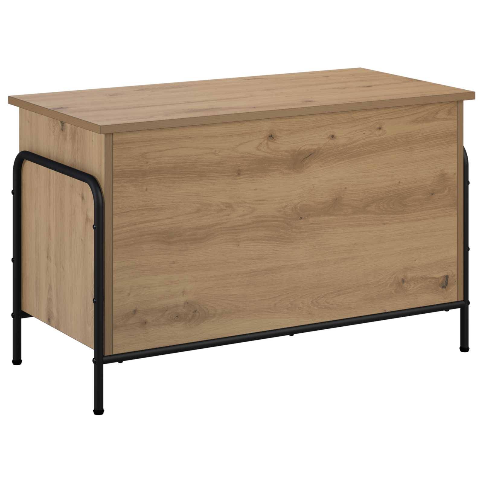 Holzschrank mit hellem Eichenfinish und schwarzem Metallrahmen, vor einem schlichten weißen Hintergrund dargestellt.